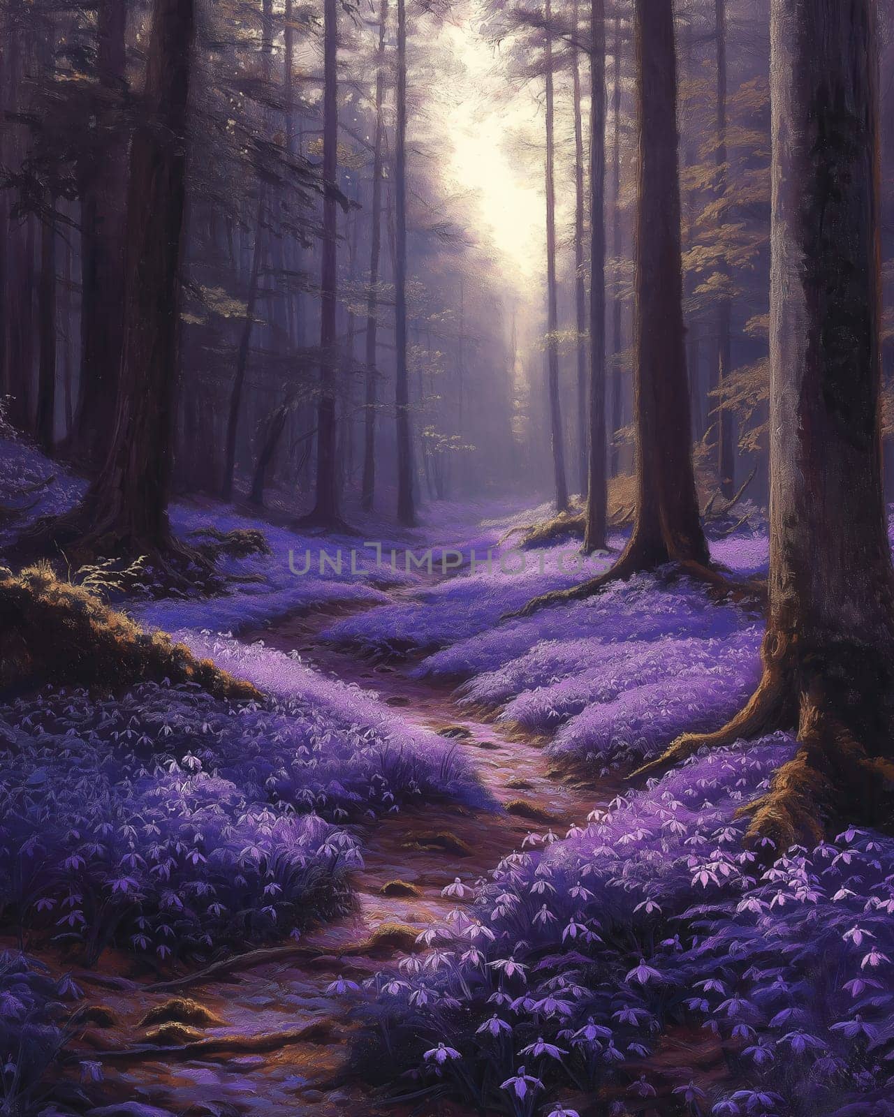 Watercolor forest with crocuses in full bloom. Selective focus.