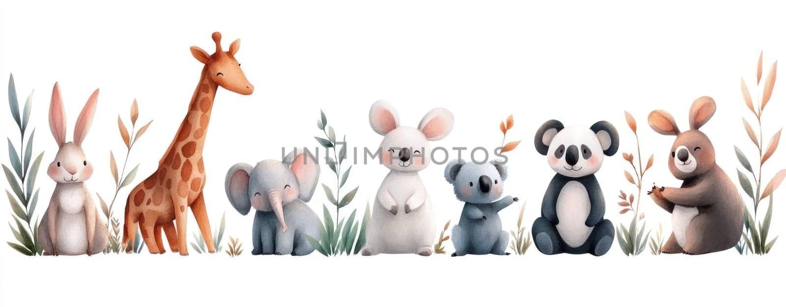 Cute watercolor animal characters including giraffe, rabbit, elephant, mouse, koala, panda, and bear, surrounded by soft foliage, perfect for children decor.