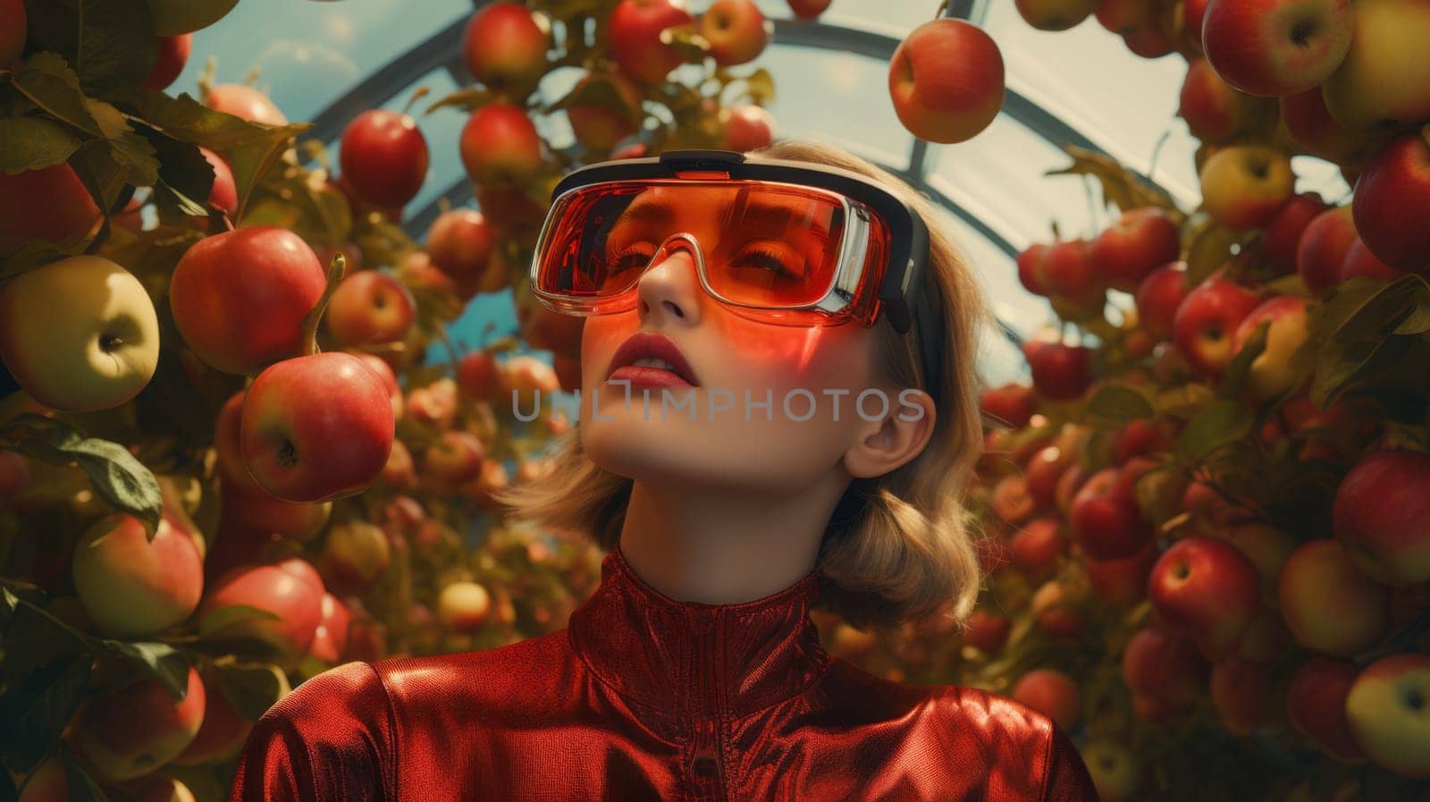 A fashionable young female model showcases trendy futuristic red glasses while posing in a vibrant orchard. Surrounded by lush apple trees, she combines modern aesthetics with natural beauty.