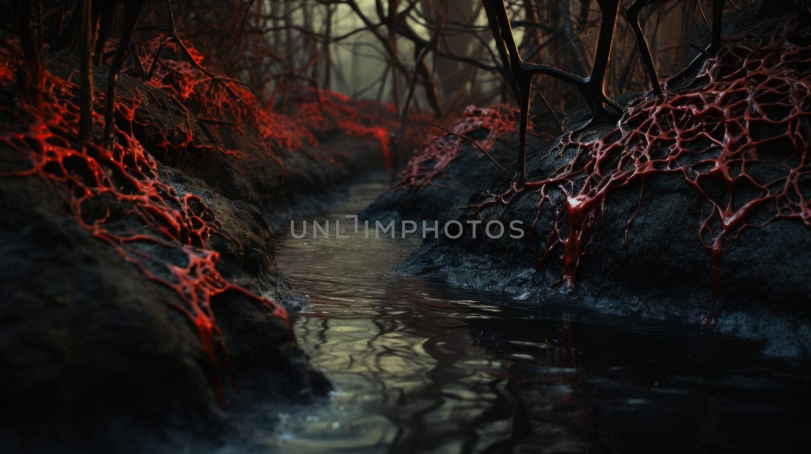 Gloomy red vein like tree roots in a dark forest with a creek running through it.