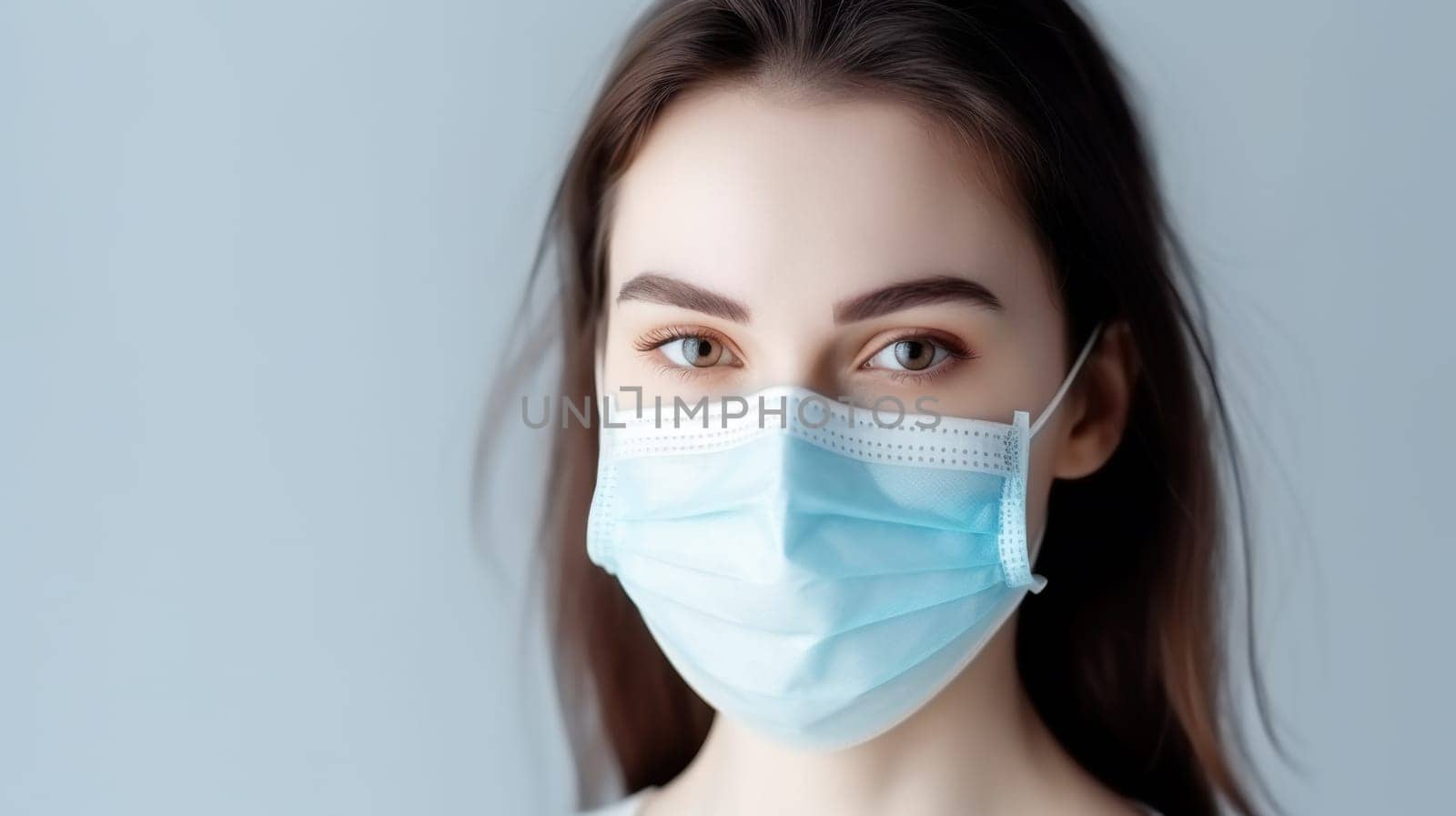 Thoughtful young woman wearing a blue medical mask to protect herself from the coronavirus pandemic.