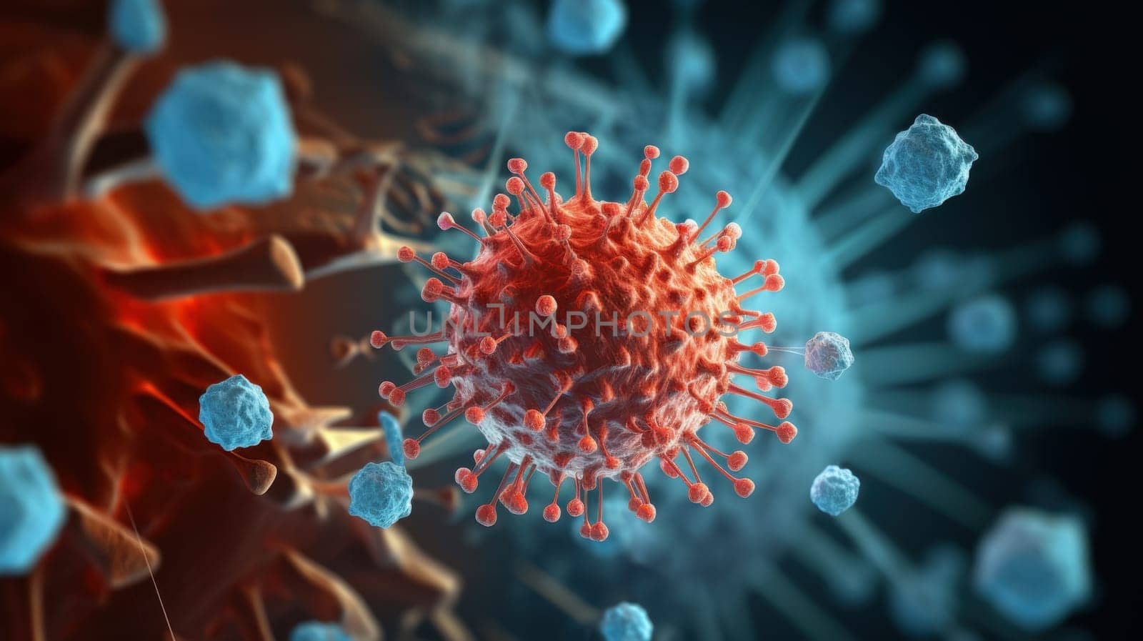 Detailed Illustration Of A Red And Blue Virus Cell Set Against A Black Background With Spikes.