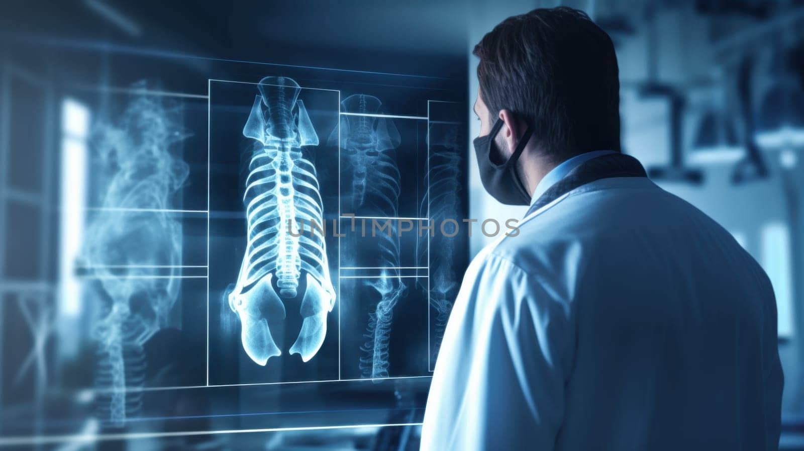Serious male doctor in a mask intently analyzing an x-ray of the human spine on a digital display