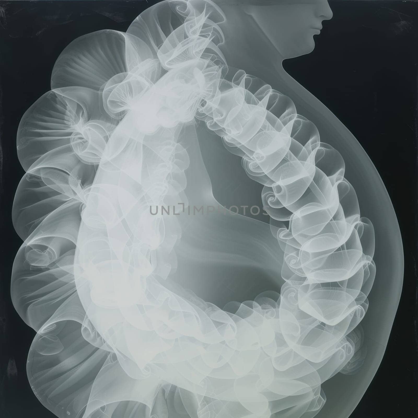 Black and white x-ray of a pregnant woman with a fetus inside her belly.