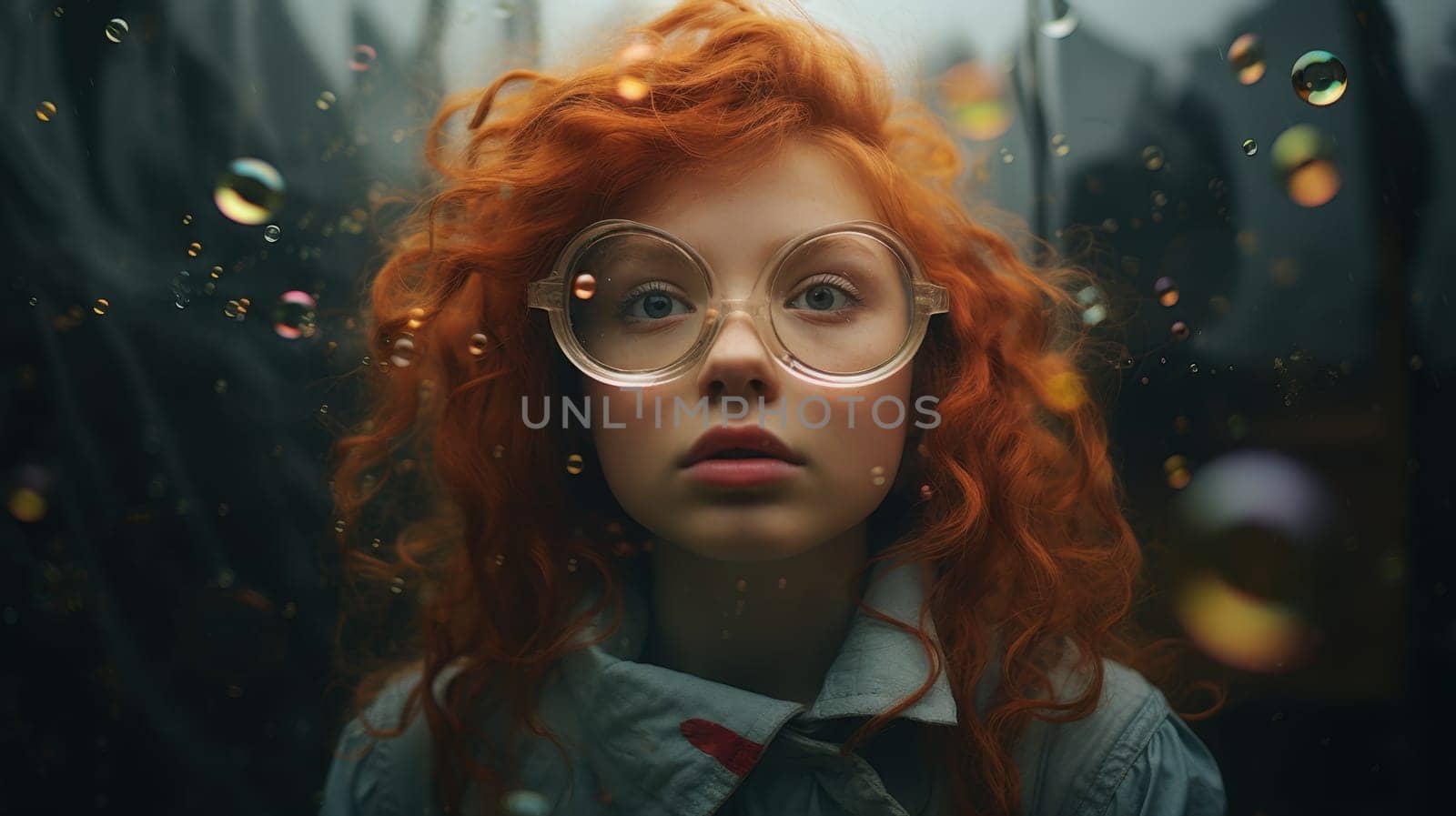 A young girl with long, curly red hair and glasses looks out at the camera with a surprised expression. Bubbles float around her head. The background is a blur of color.