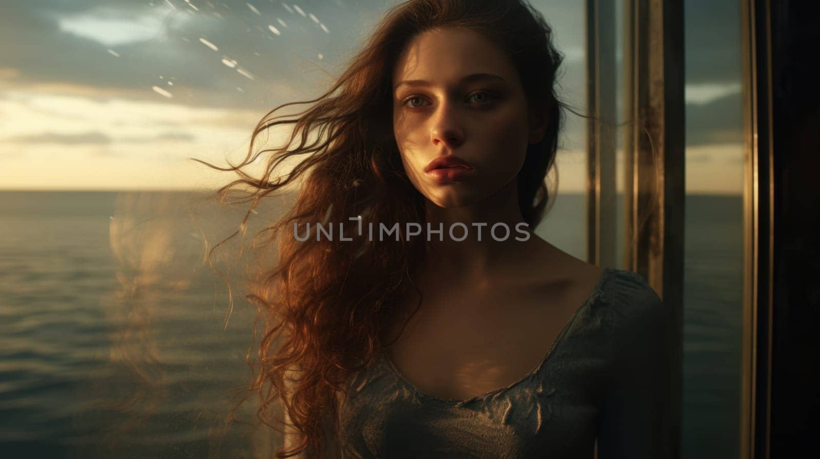 A young woman with long, wavy hair stands by a large window, wearing a simple dress. Soft sunlight casts a warm glow around her, illuminating her thoughtful and contemplative expression.