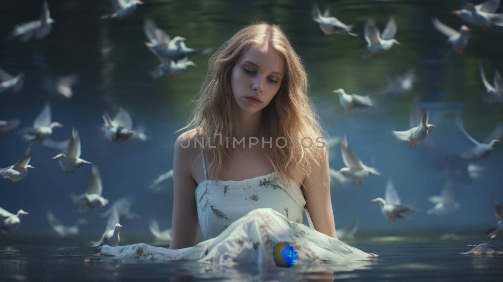 A young woman in a flowing white dress stands gracefully in serene water, surrounded by a stunning scene of birds soaring above her, creating a captivating moment of beauty and tranquility.