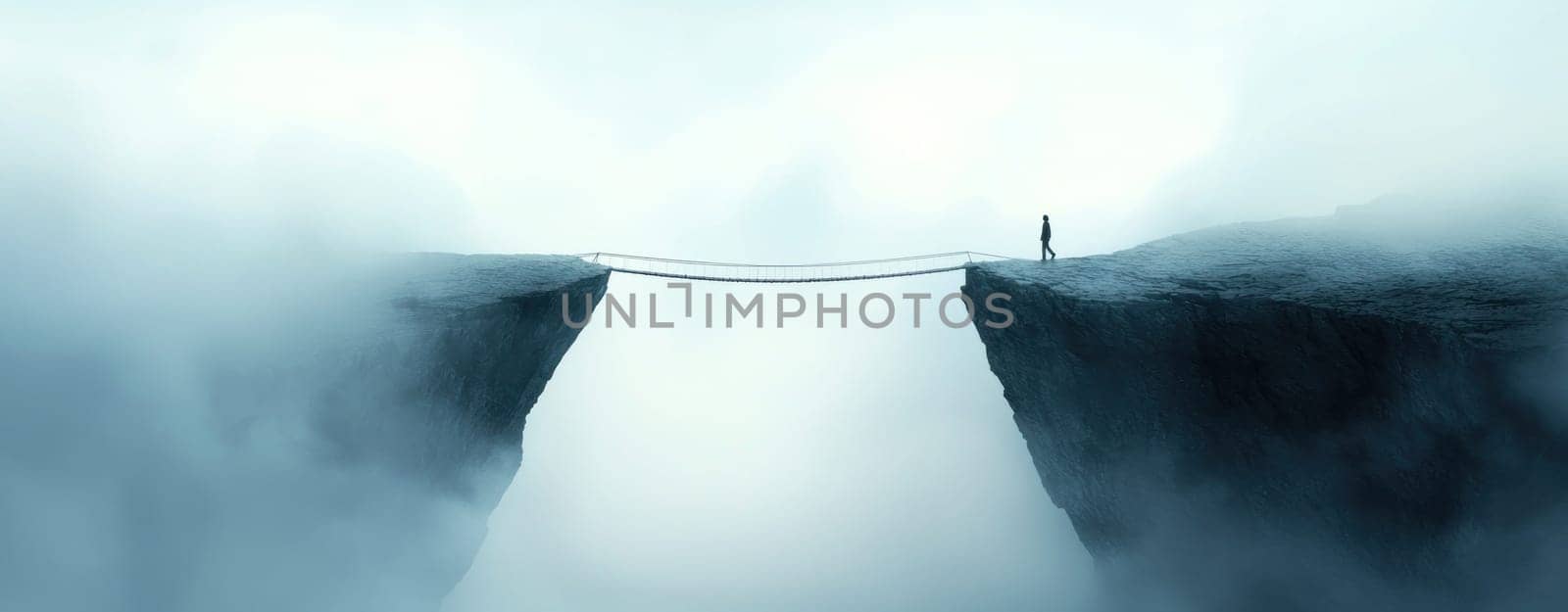 narrow suspended bridge stretches over fog covered chasm, evoking mystery and solitude.
