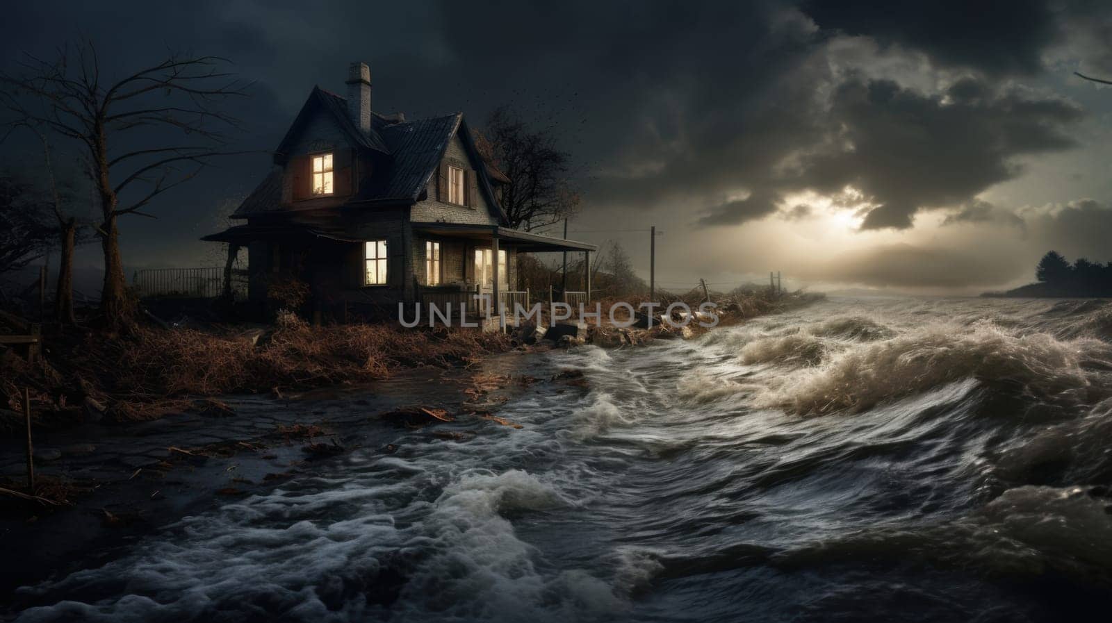 A lone house is surrounded by a fierce flood at night, with water reaching the porch and waves crashing. A single light shines inside, symbolizing hope amid the dark and stormy night.
