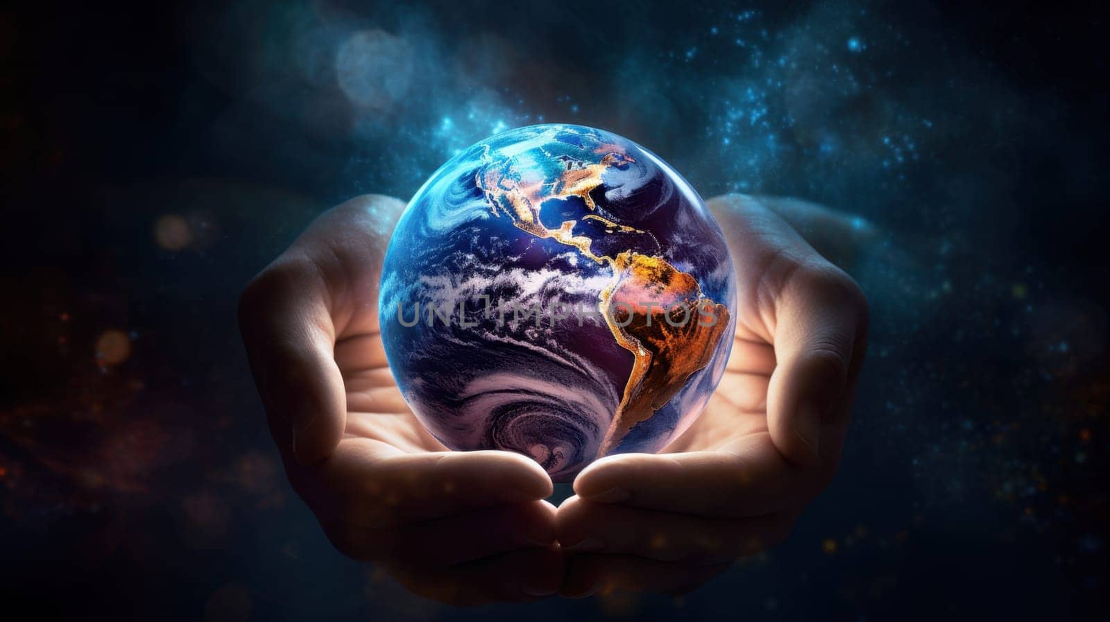 A woman gently holds a glowing blue and green planet Earth in her hands, surrounded by a breathtaking starry night sky that evokes feelings of wonder, beauty, and a connection to the universe.