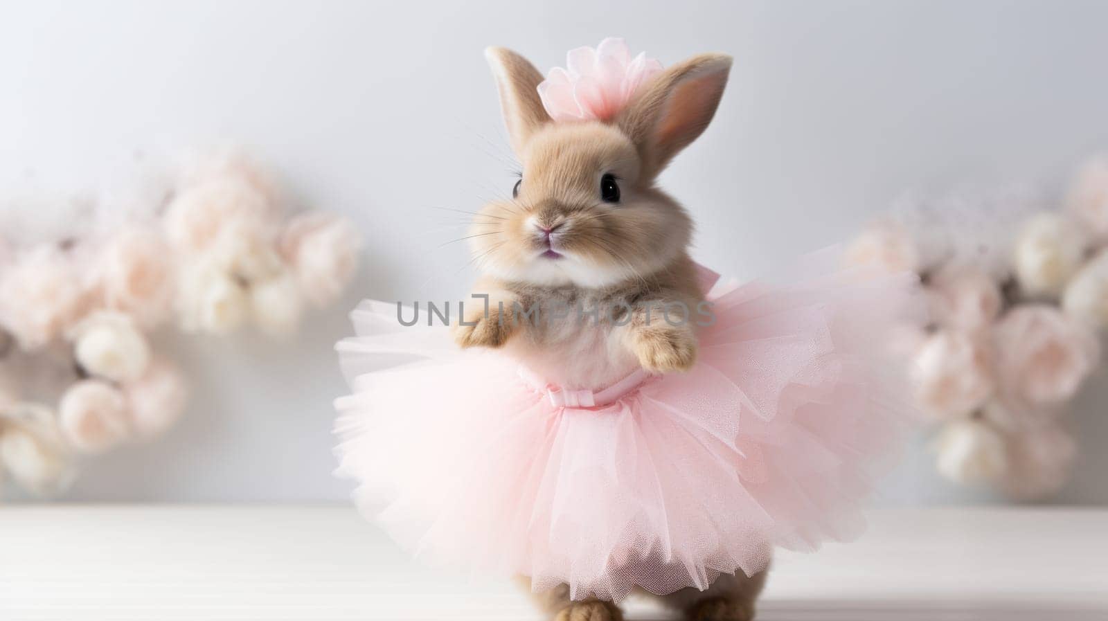 A small brown rabbit in a pink tutu dress and flower crown stands on its hind legs, looking at the camera in a studio with a blurred background of pink flowers and a fluffy white tail.