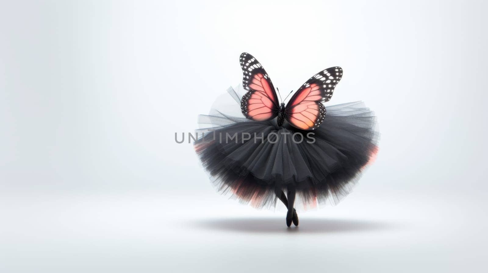 A ballerina in a black tutu with pink butterfly wings is dancing en pointe on a white background. The image is both elegant and whimsical, and it would be perfect for a variety of creative projects.