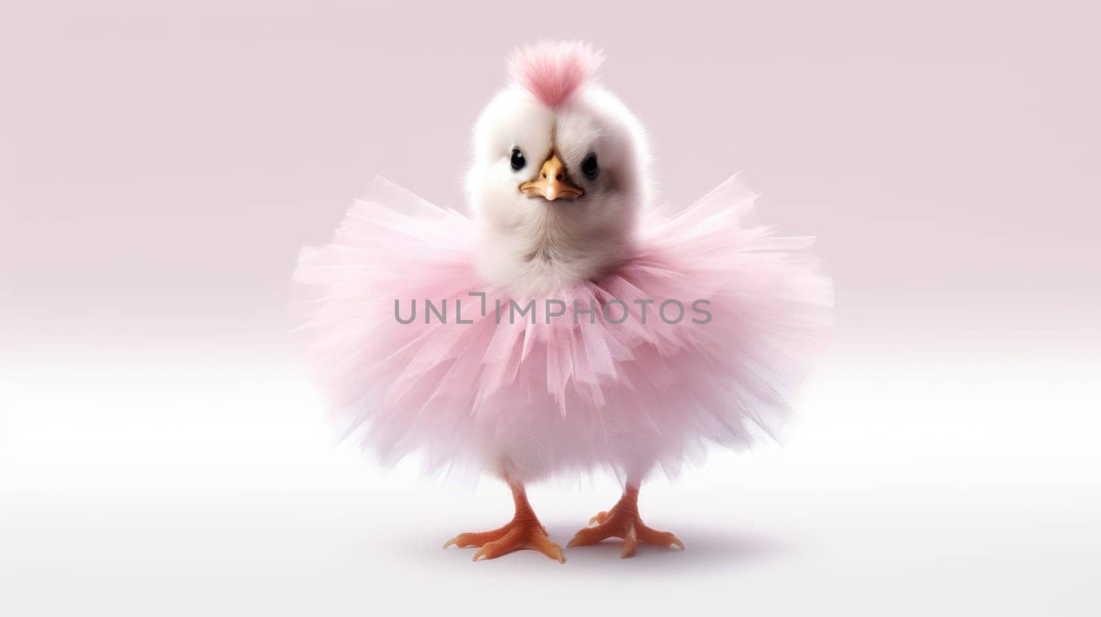 A fluffy white chick in a cute pink tutu stands on a pink background, tilting its head adorably. Perfect for baby showers, new babies, and childrens birthday parties.