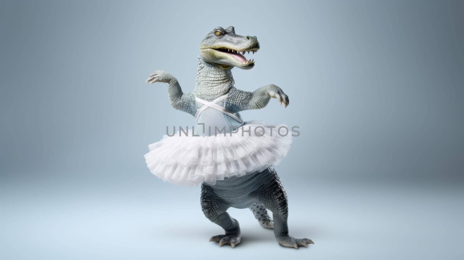 A green dinosaur in a white tutu is dancing on a blue background. The dinosaur has its arms outstretched and is smiling. The image is whimsical and funny, sure to bring a smile to your face.