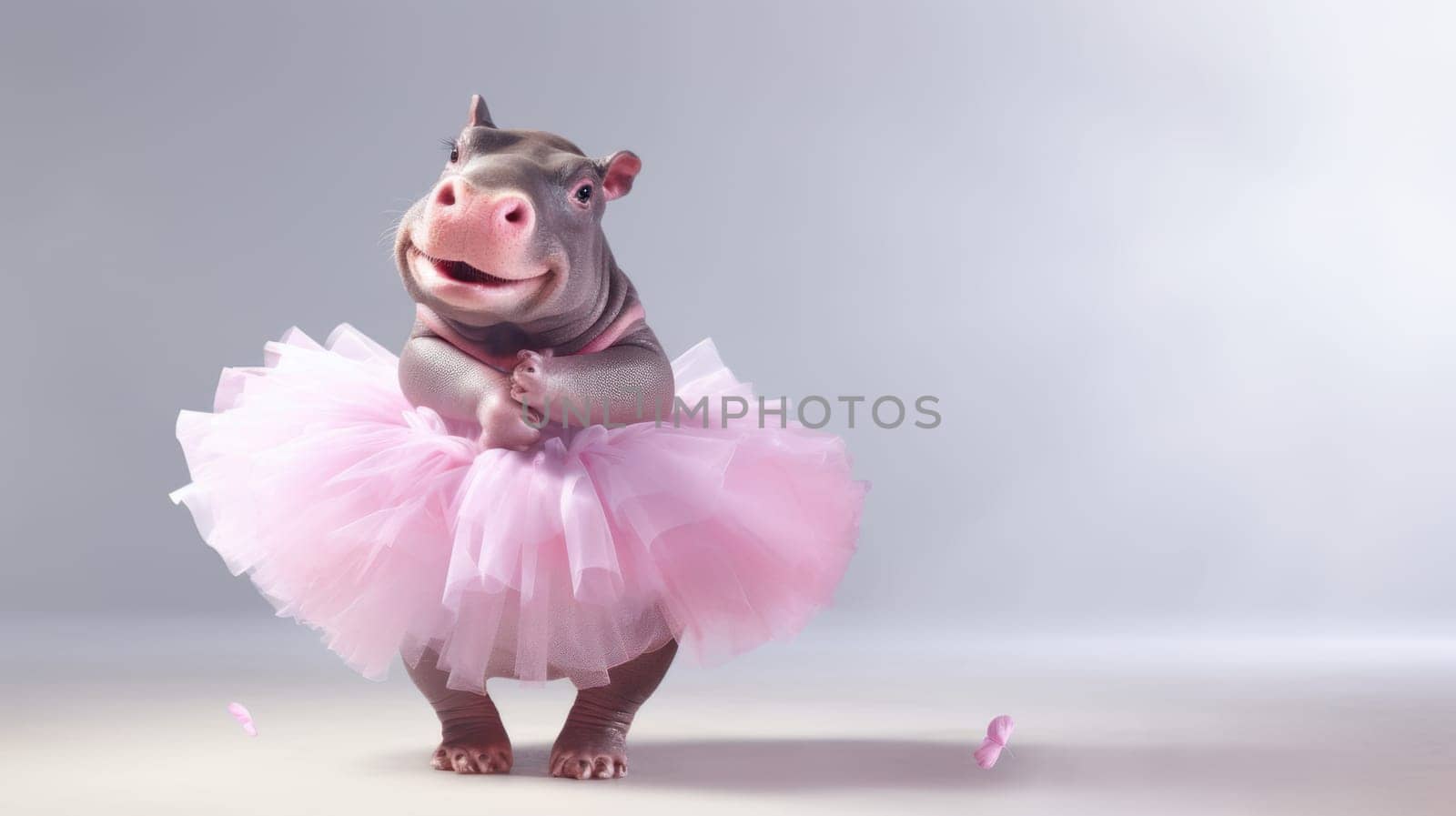 An adorable baby hippopotamus dressed in a fluffy pink tutu skirt, standing on its hind legs and looking at the camera with a happy expression on its face. Isolated on a white background.