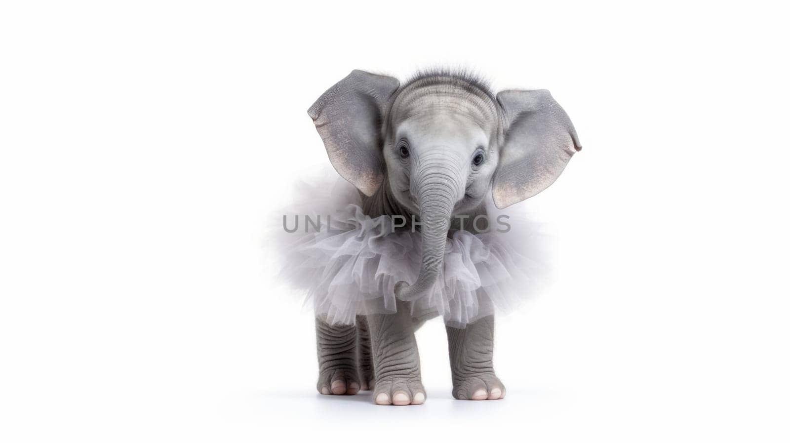 This adorable baby elephant in a fluffy pink tutu looks at the camera with big, curious eyes. Isolated on a white background, its perfect for childrens books and animal-themed projects.