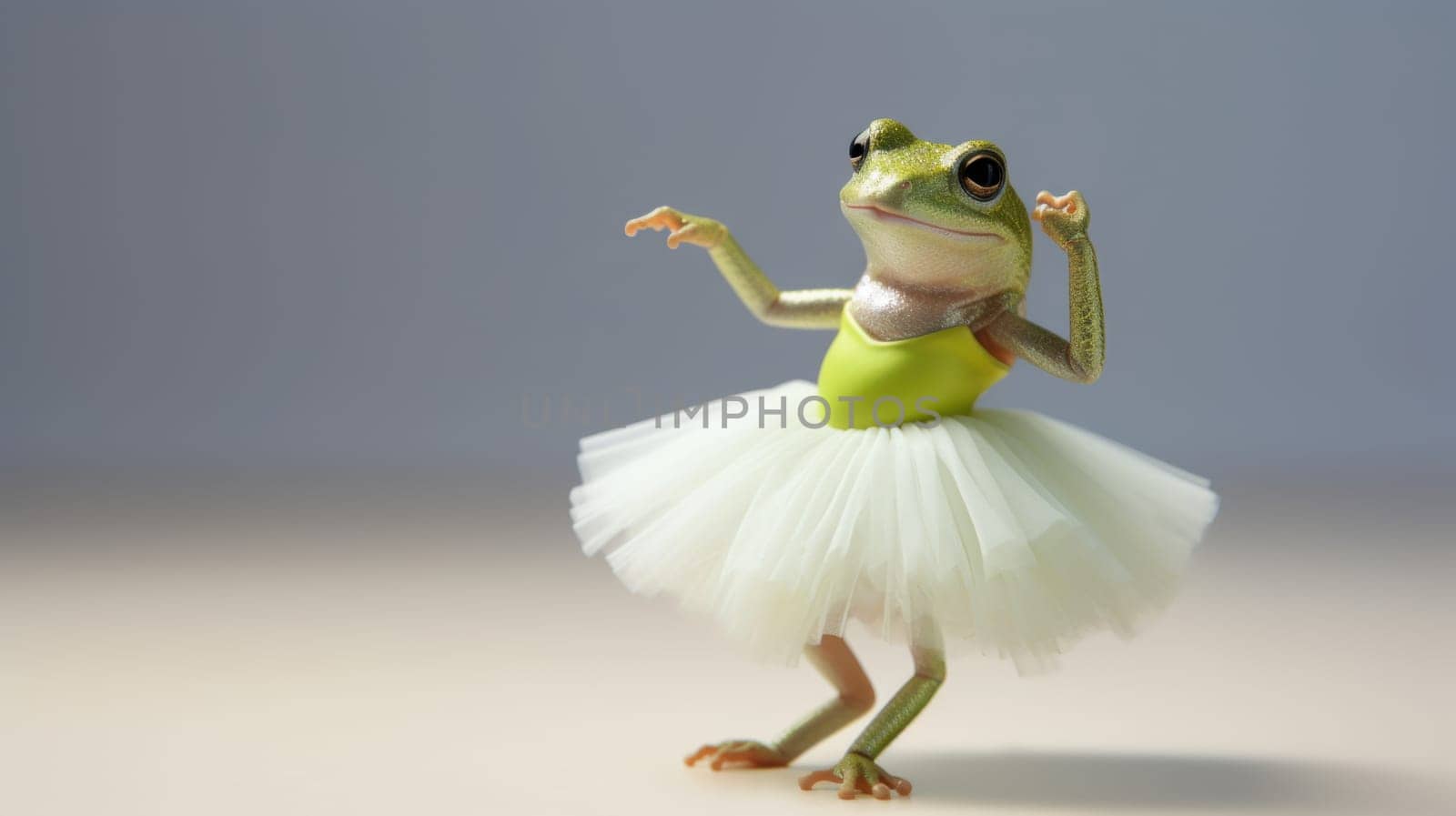 A vibrant green frog is adorably wearing a fluffy white tutu and is seen dancing ballet gracefully. The frog is playfully isolated on a clean, bright white background, creating a whimsical scene.