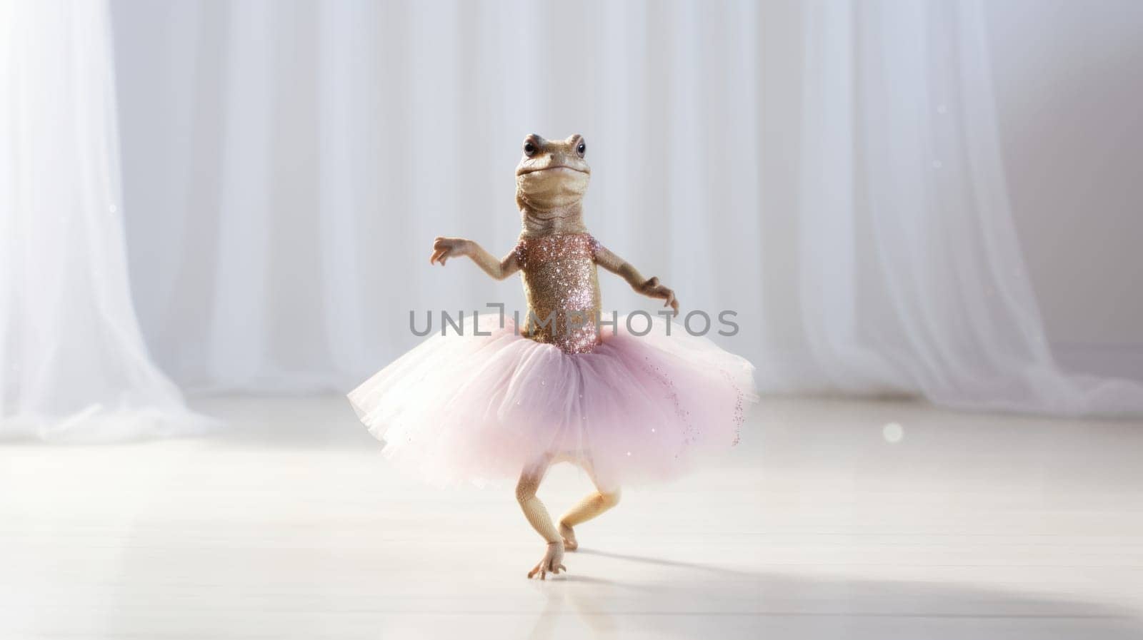 A small, vibrant lizard wearing a fluffy pink tutu dress is standing on its hind legs and appears to be dancing joyfully. The lizard is charmingly isolated against a pure white background.