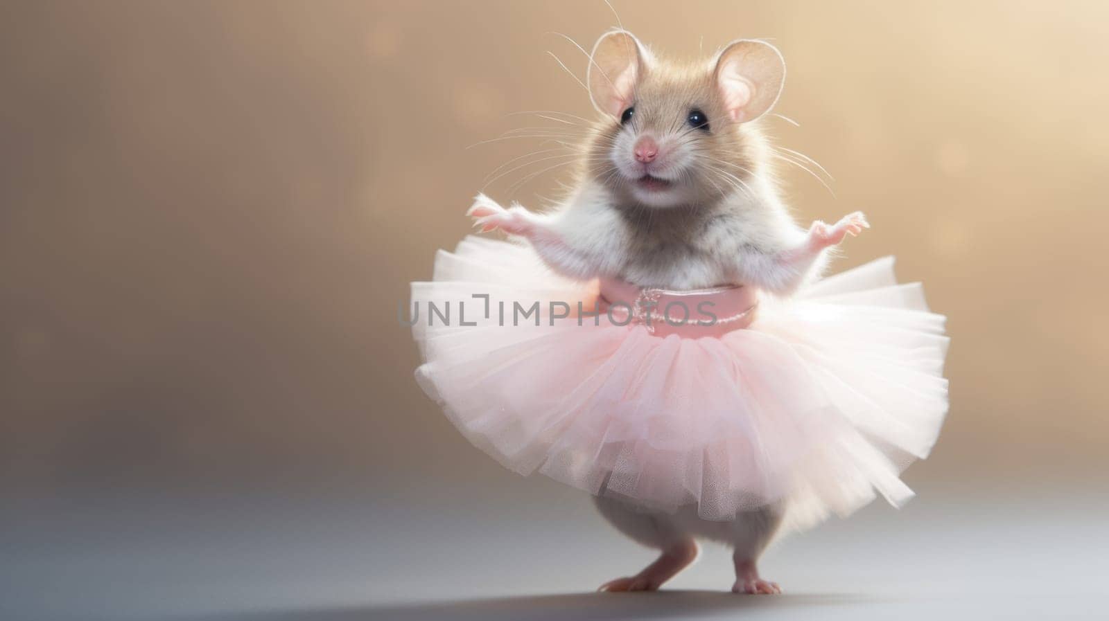 A charming small rodent, resembling a mouse, is dressed in a delightful pink tulle tutu. It stands on its hind legs, showcasing its playful outfit in a whimsical, enchanting setting filled with joy.