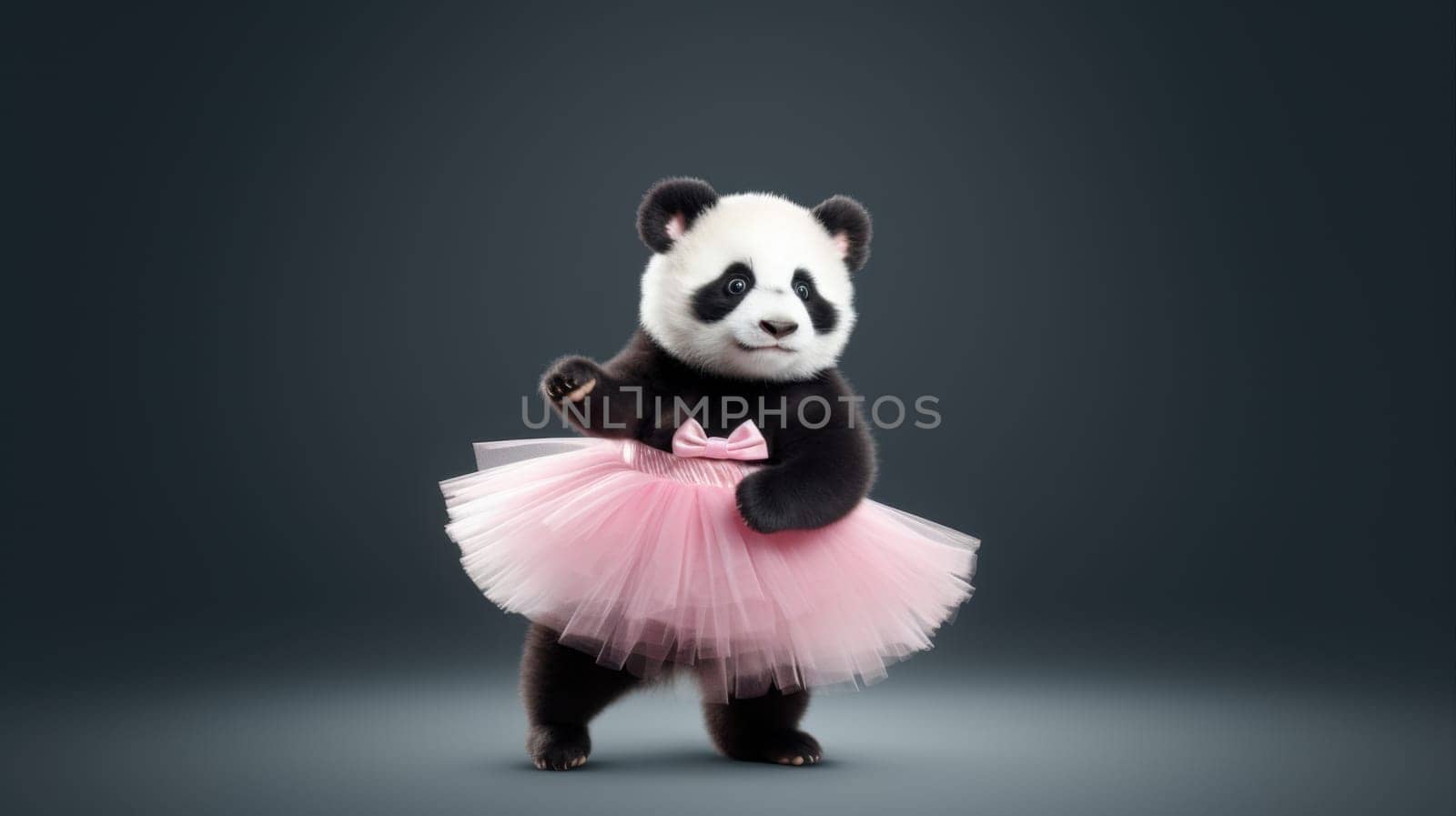 This image showcases an adorable baby panda in a fluffy pink tutu skirt. Its playful demeanor shines through as it dances gracefully against a dark background, making it the focal point.