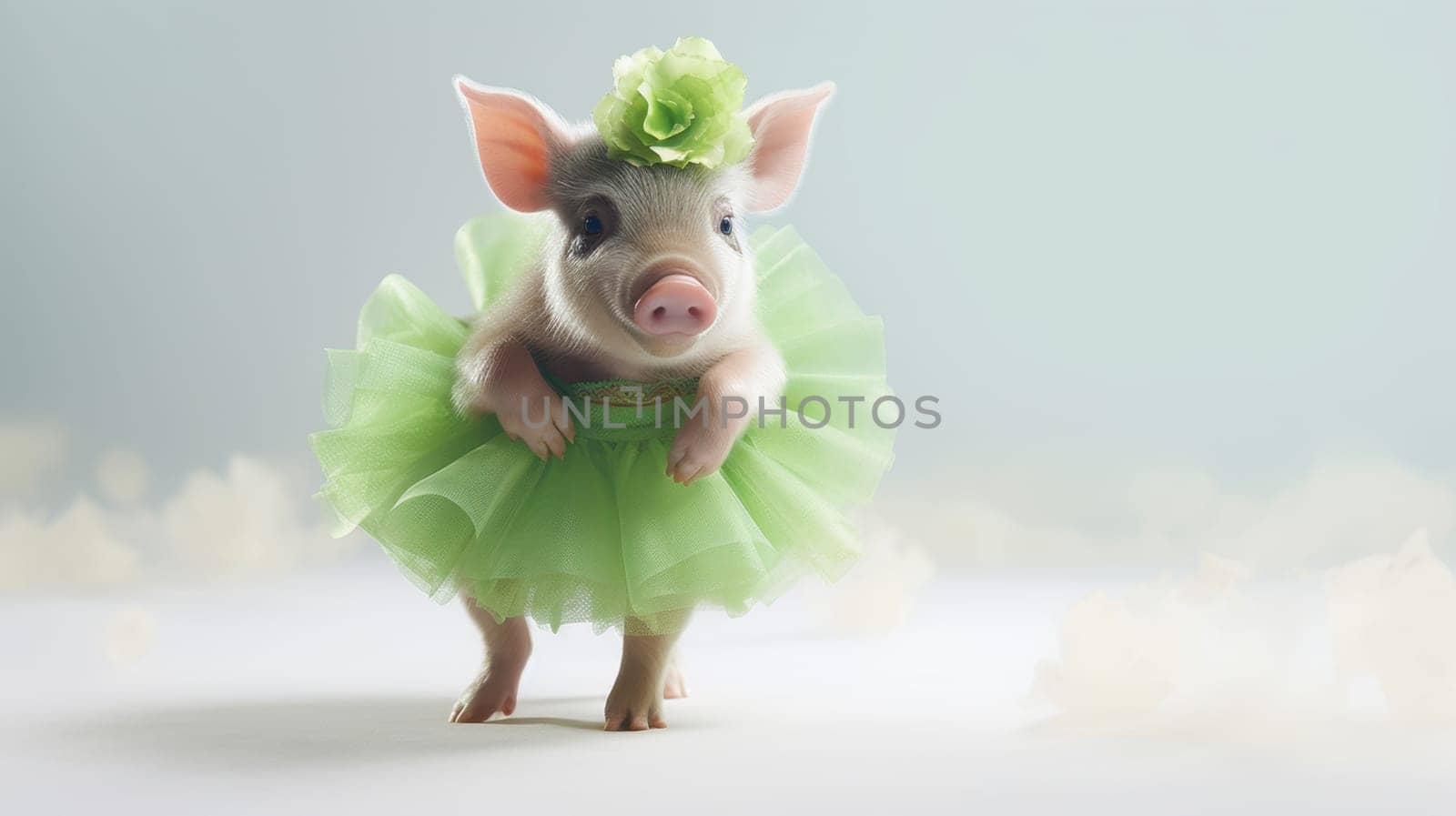 An adorable piglet in a fluffy green tutu dress stands on all fours, tilting its head at the camera. The soft white background emphasizes the piglet, ideal for animal and fashion stories.
