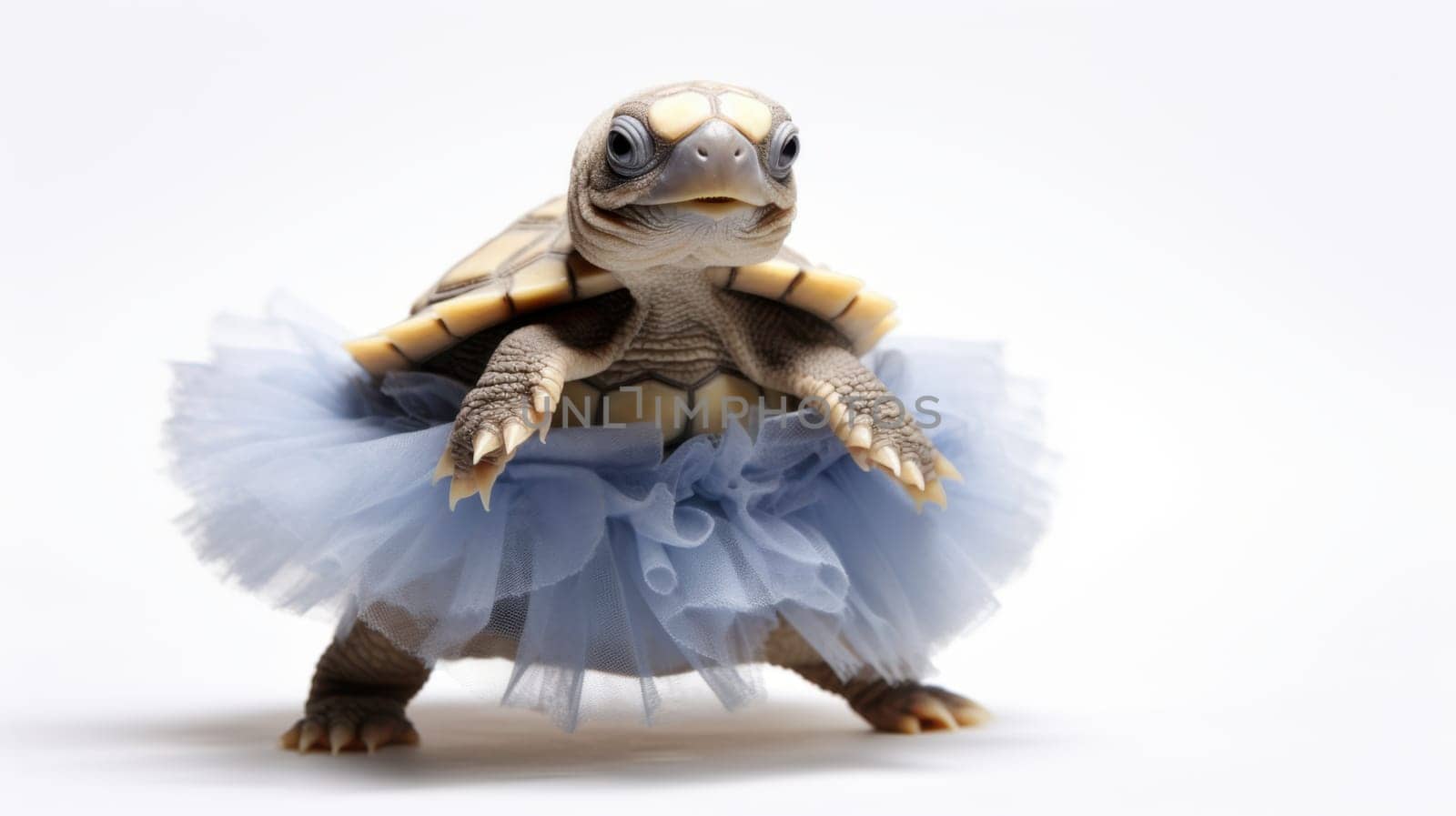 This image features a turtle wearing a blue tutu skirt, standing on a white surface. The turtle looks surprised as it gazes at the camera, with vibrant colors and good lighting.