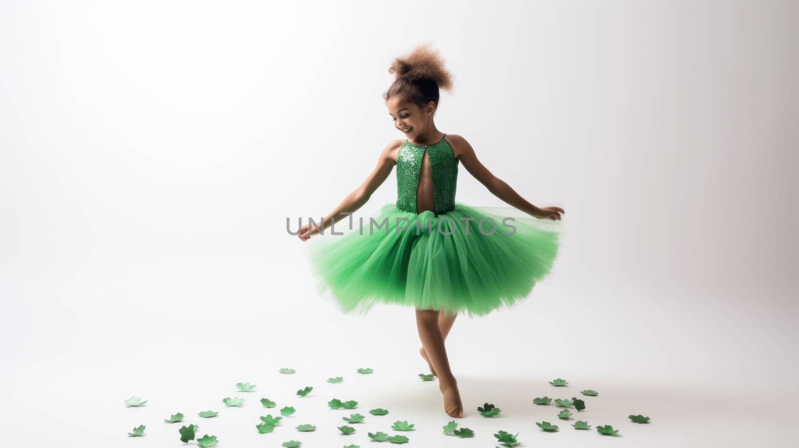 Little girl wearing a beautiful green dress with a big smile on her face, surrounded by shamrocks, enjoying a sunny day, looking very happy and playful, with sparkling eyes and a joyful spirit.