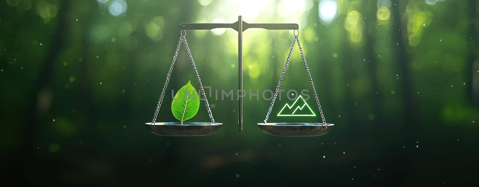 pair of digital scales balancing leaf and mountain symbol, representing nature and sustainability.