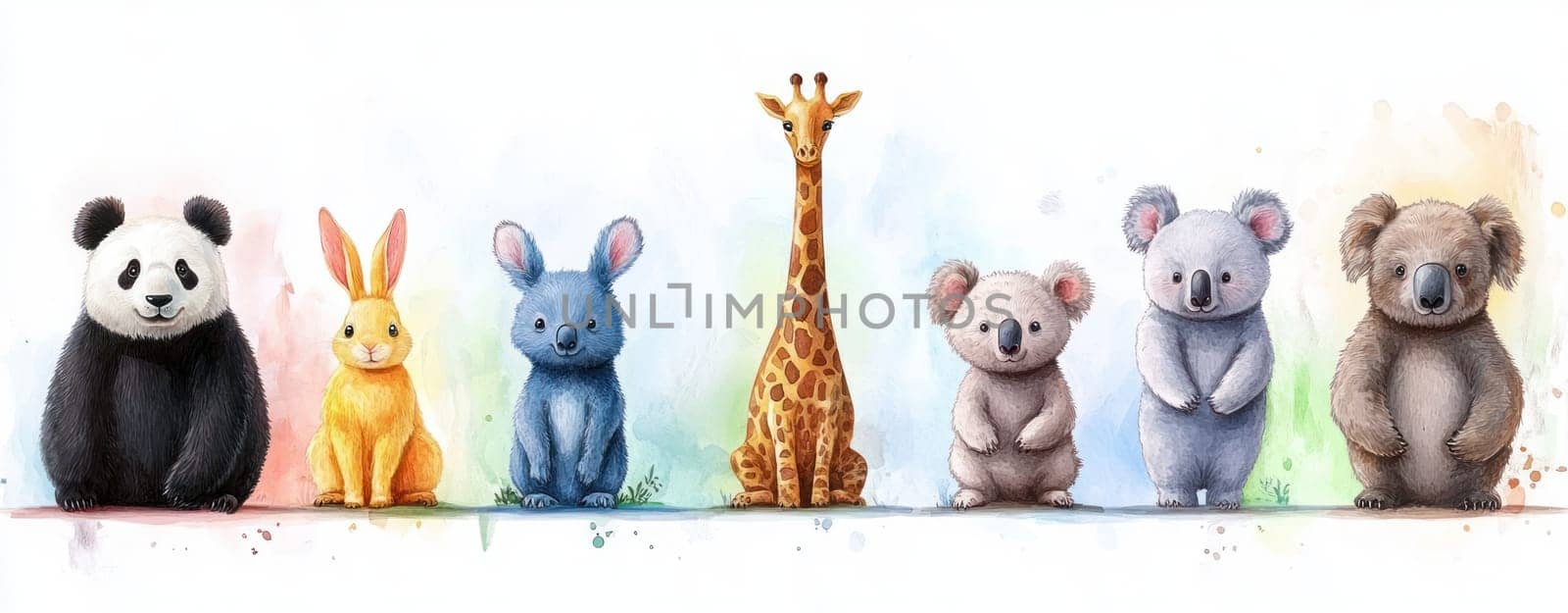 Cute watercolor animals including panda, rabbit, blue animal, giraffe, and koalas, showcasing playful and colorful collection. Perfect for children decor or illustrations.