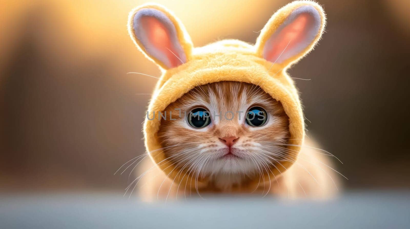 Cute ginger cat wearing bunny suit, looking curious and playful.