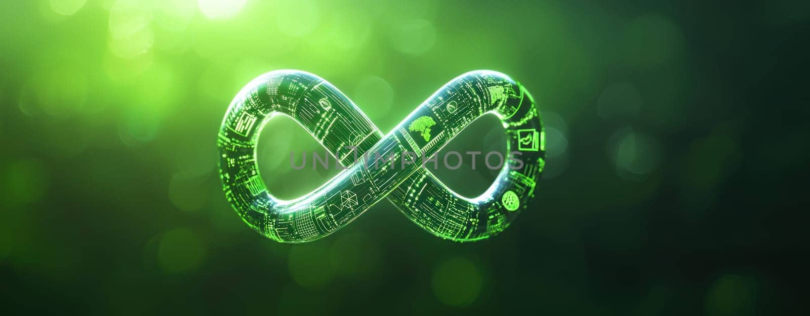 Stylized infinity symbol glowing in green with digital patterns.