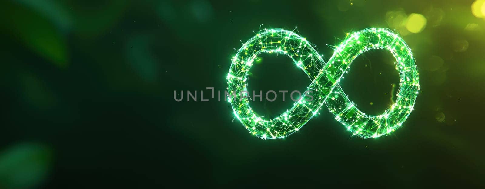 Stylized infinity symbol glowing with green lights and sparkles.