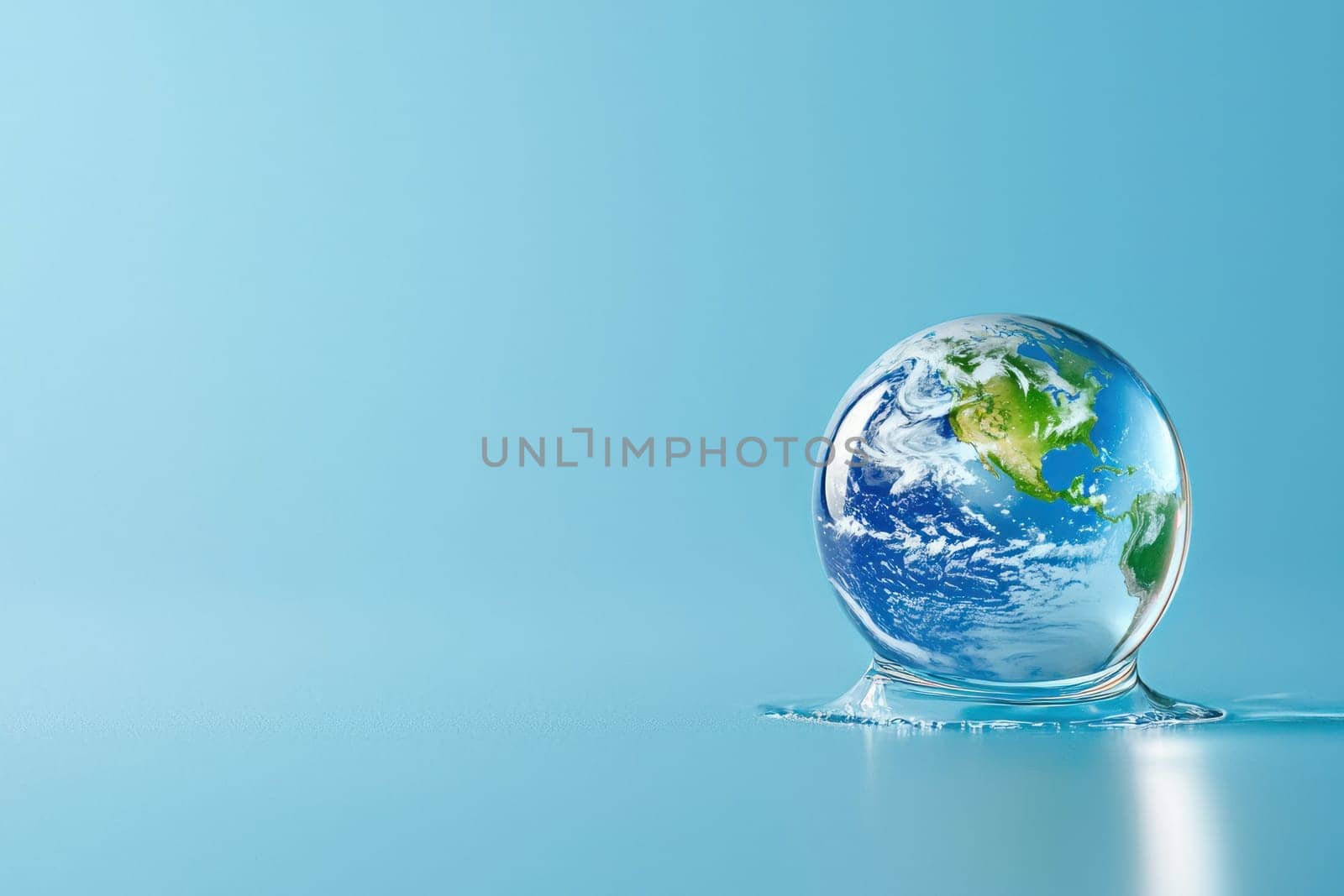 globe representing Earth is encased in droplet of water, symbolizing environmental awareness and fragility of our planet. serene blue background enhances focus on globe.