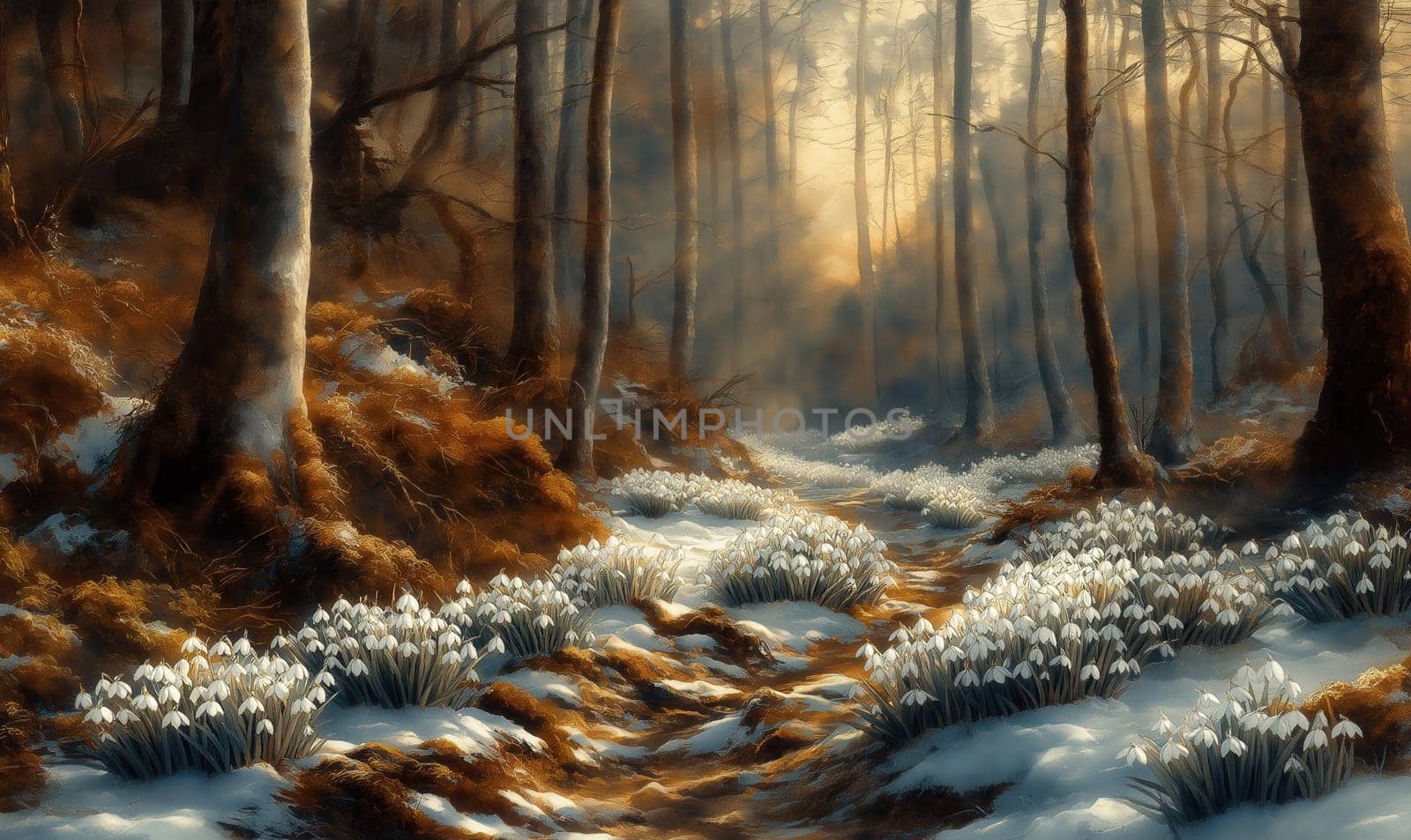 Watercolor forest with blooming snowdrops, bathed in soft morning light. Selective focus.