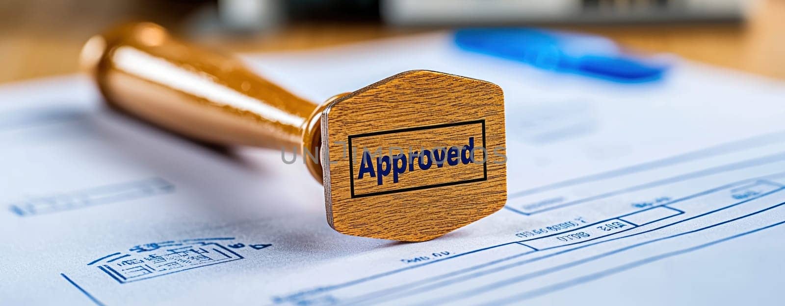 Approved document with wooden stamp on blueprint, symbolizing validation.