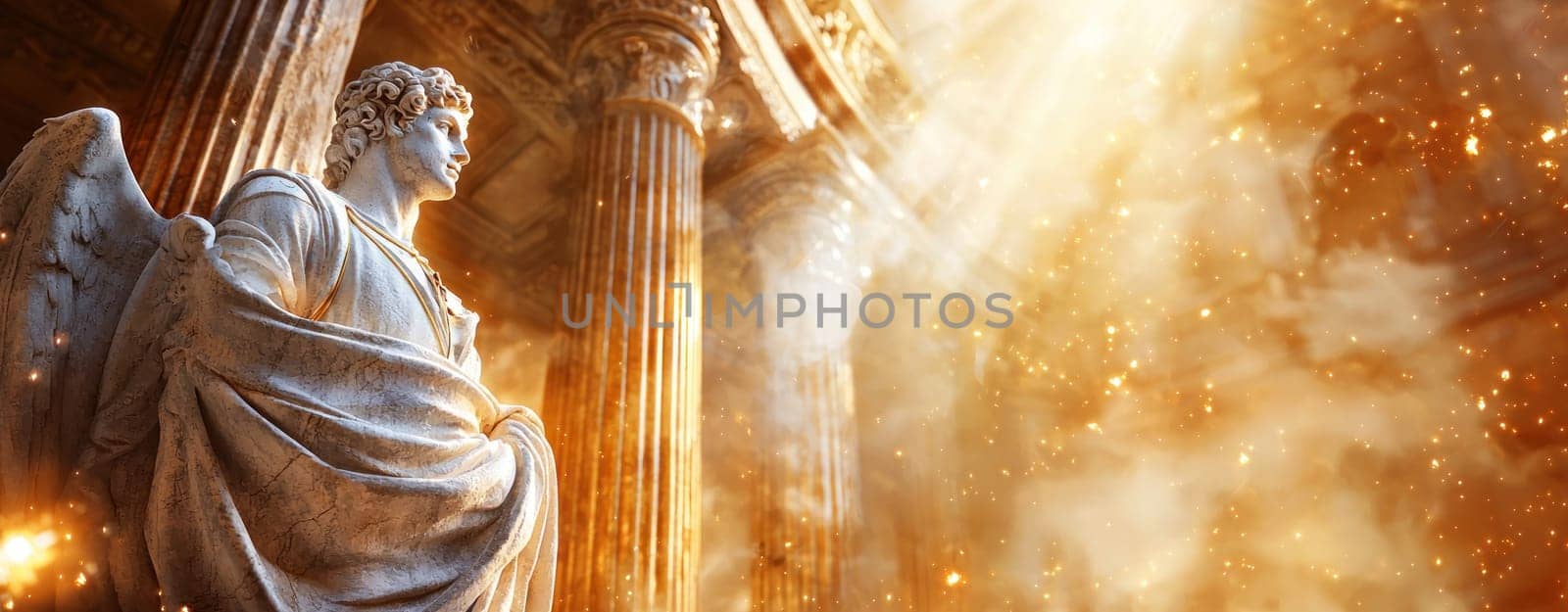 Majestic angel statue in grand architectural setting with light.