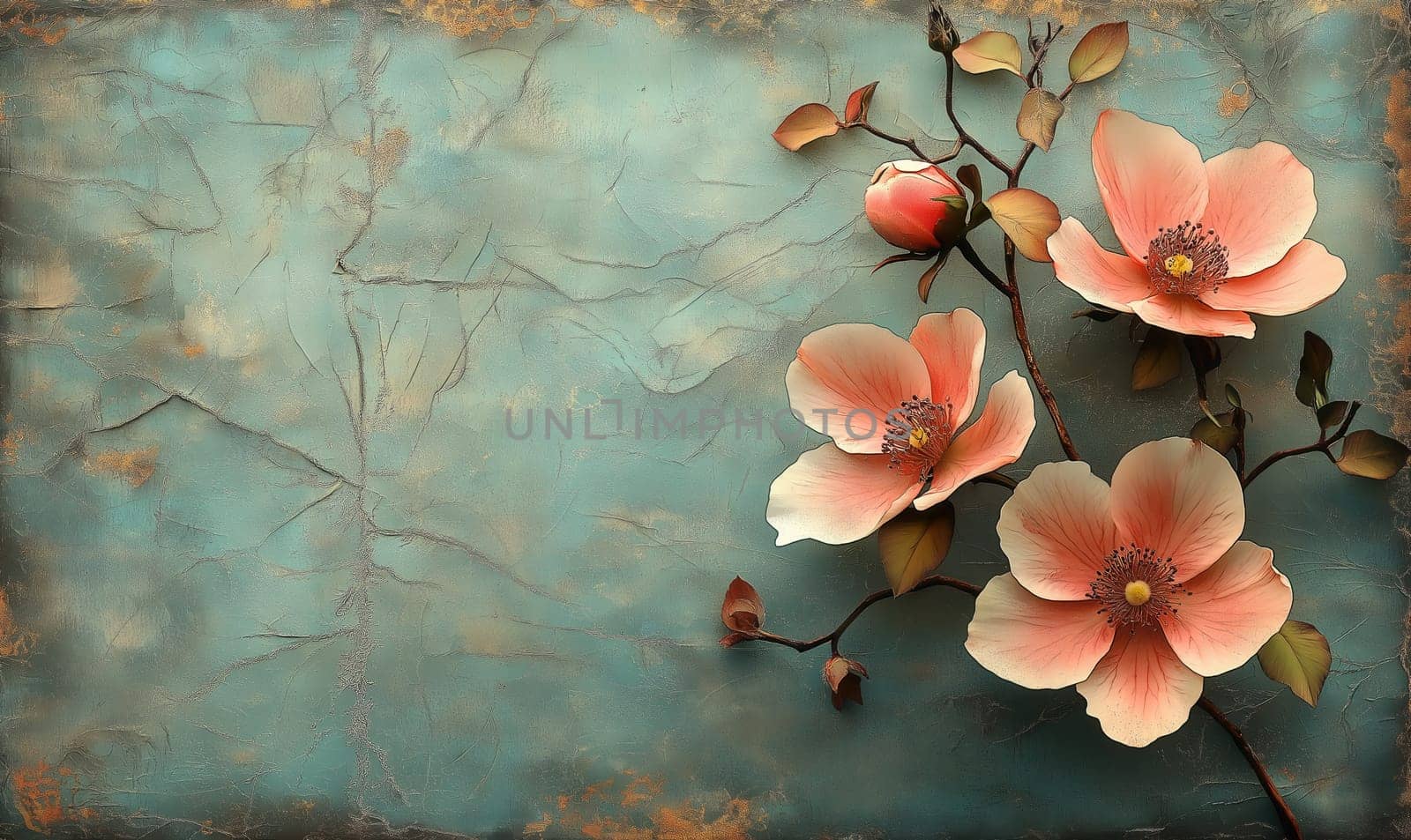 Vintage delicate flowers on a blue background. Selective focus.