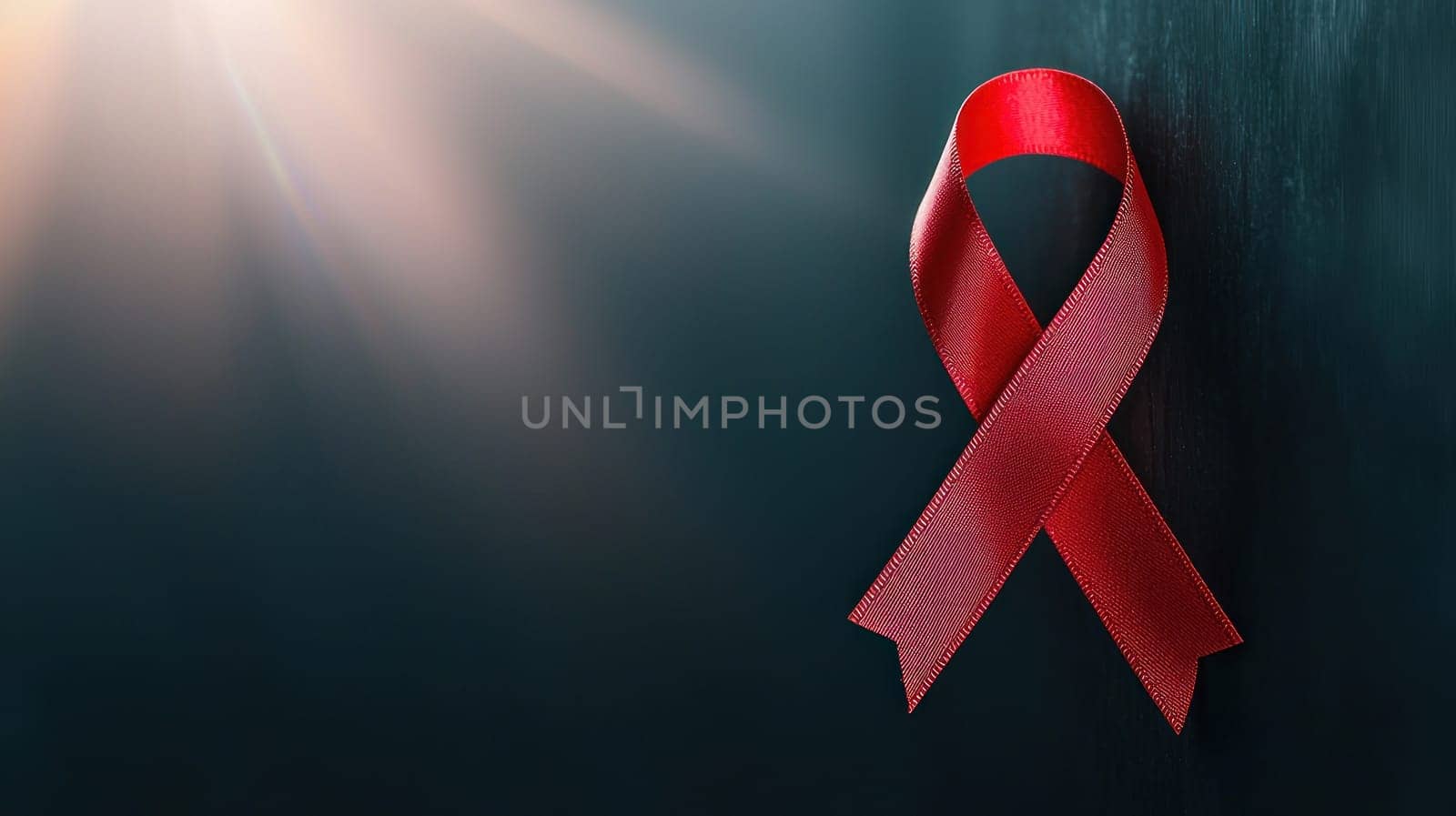 red ribbon symbolizing awareness and support for important causes, illuminated by soft light. This evokes sense of hope and solidarity.