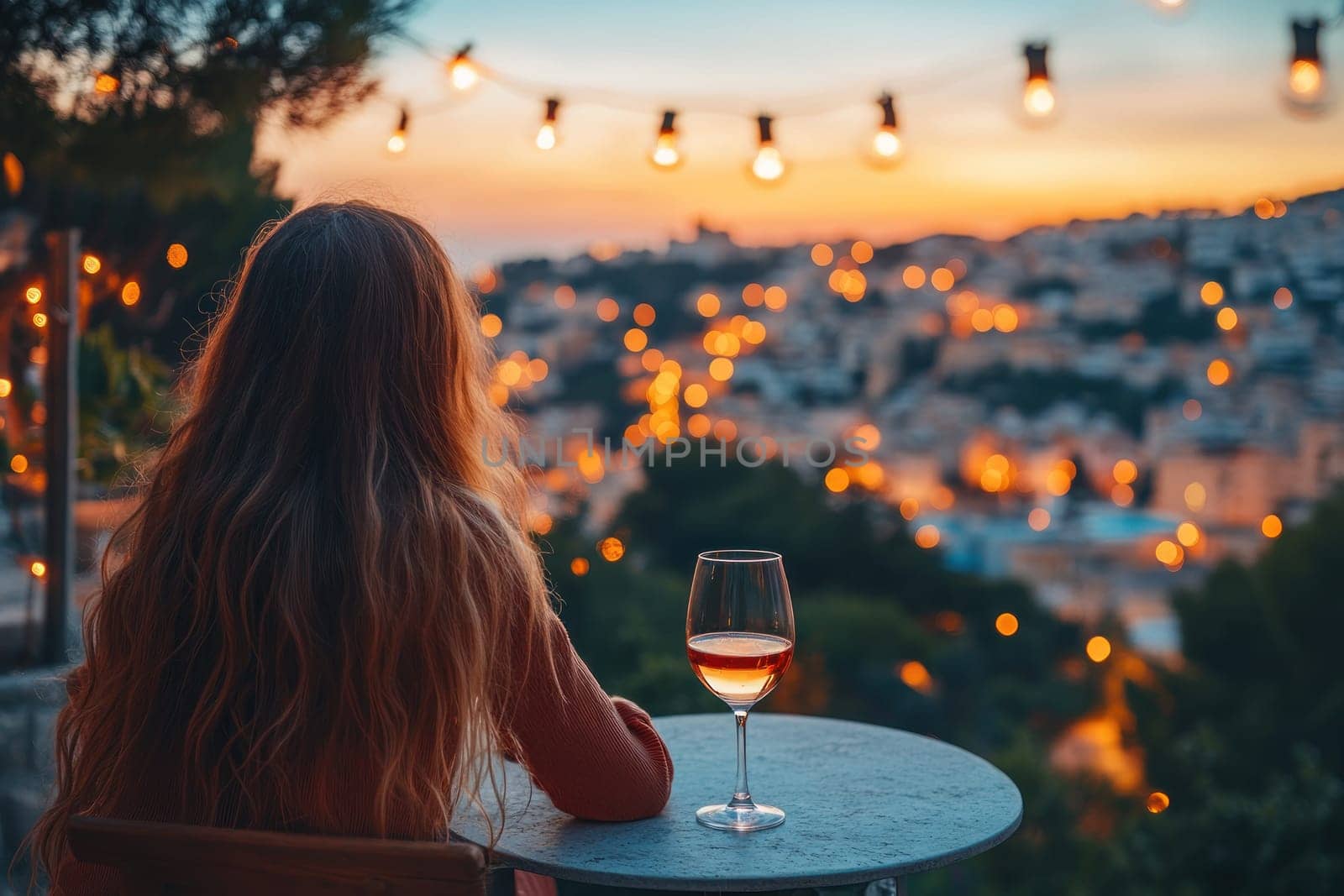 person unwinding on balcony with glass of wine, enjoying sunset view over city filled with lights. atmosphere is serene and relaxing.