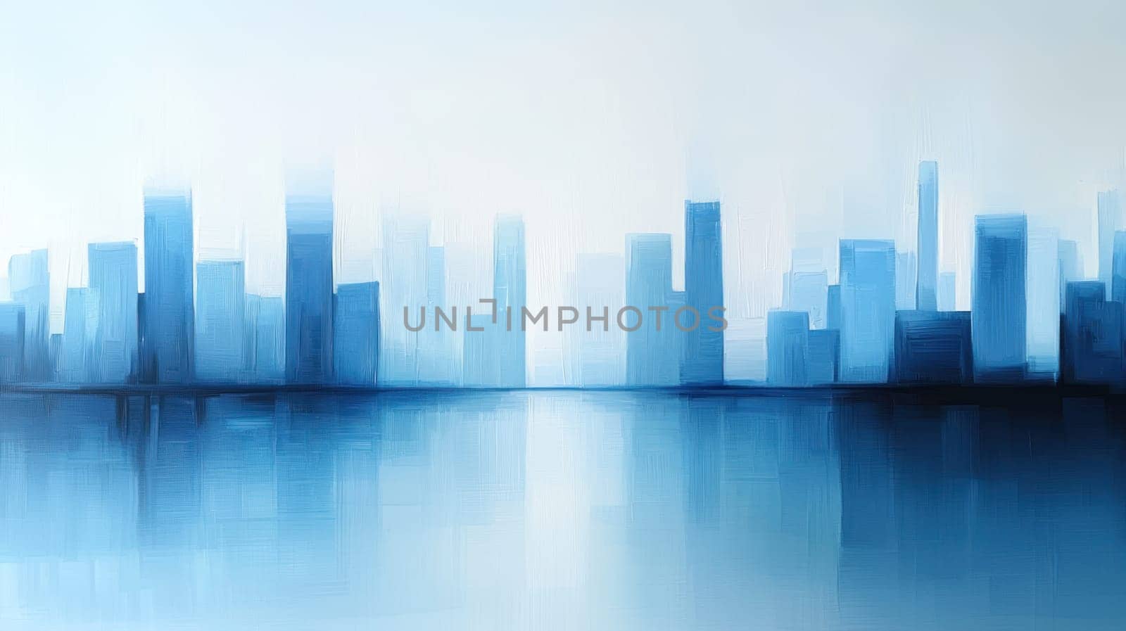 serene cityscape with tall buildings reflected in calm waters creates tranquil atmosphere.