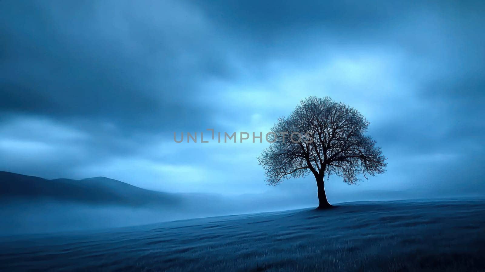solitary tree stands in misty blue field under cloudy sky, evoking tranquility.
