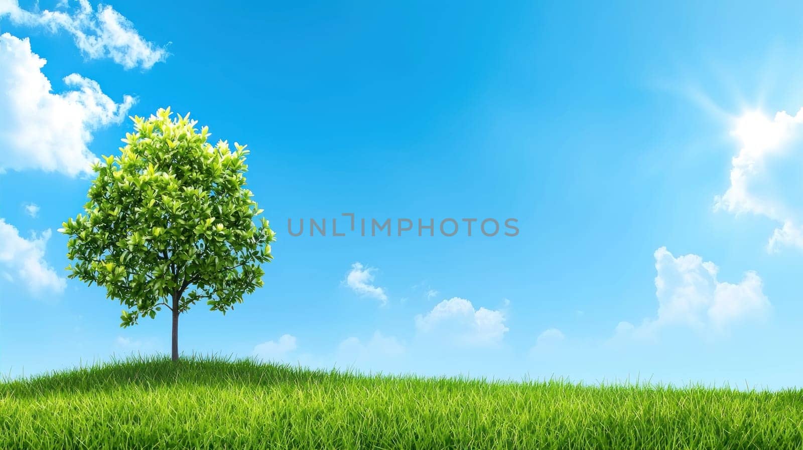 vibrant green tree stands on grassy hill under bright blue sky.