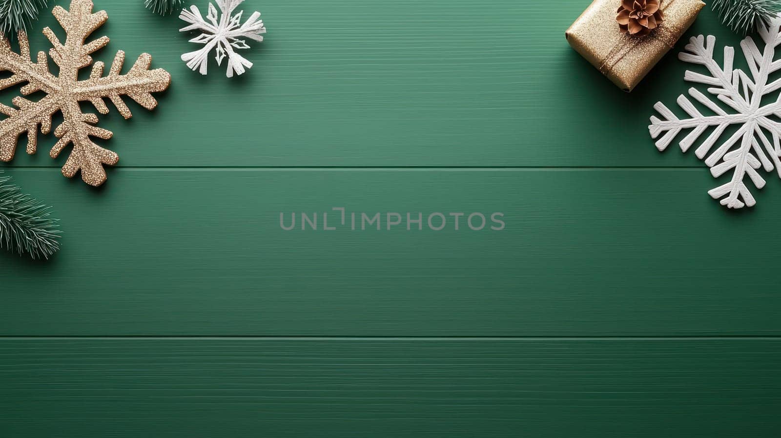 Minimalistic snowflakes in gold and white on green background evoke festive spirit.