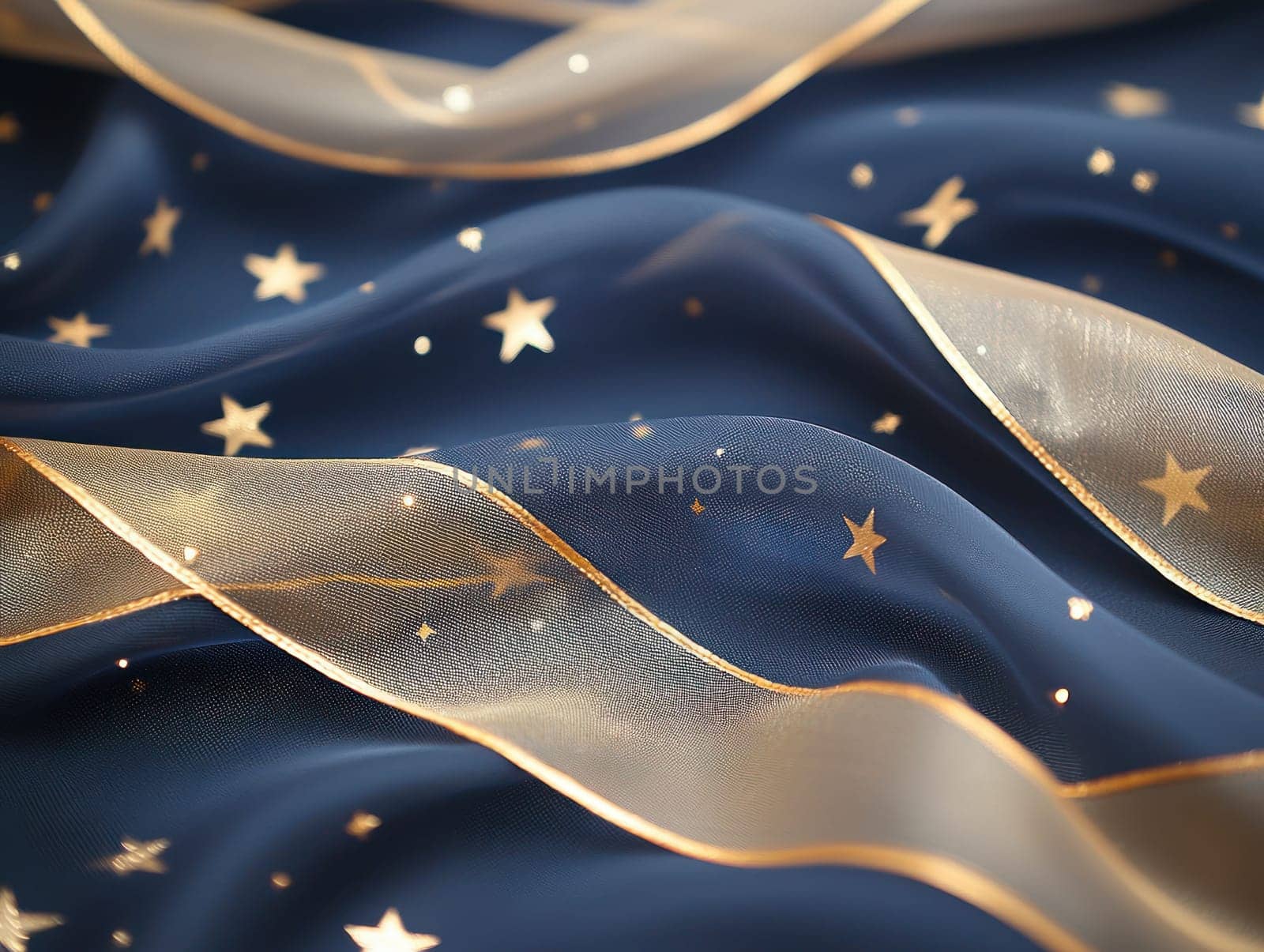 Elegant gold ribbons and stars on dark blue fabric create dreamy atmosphere.