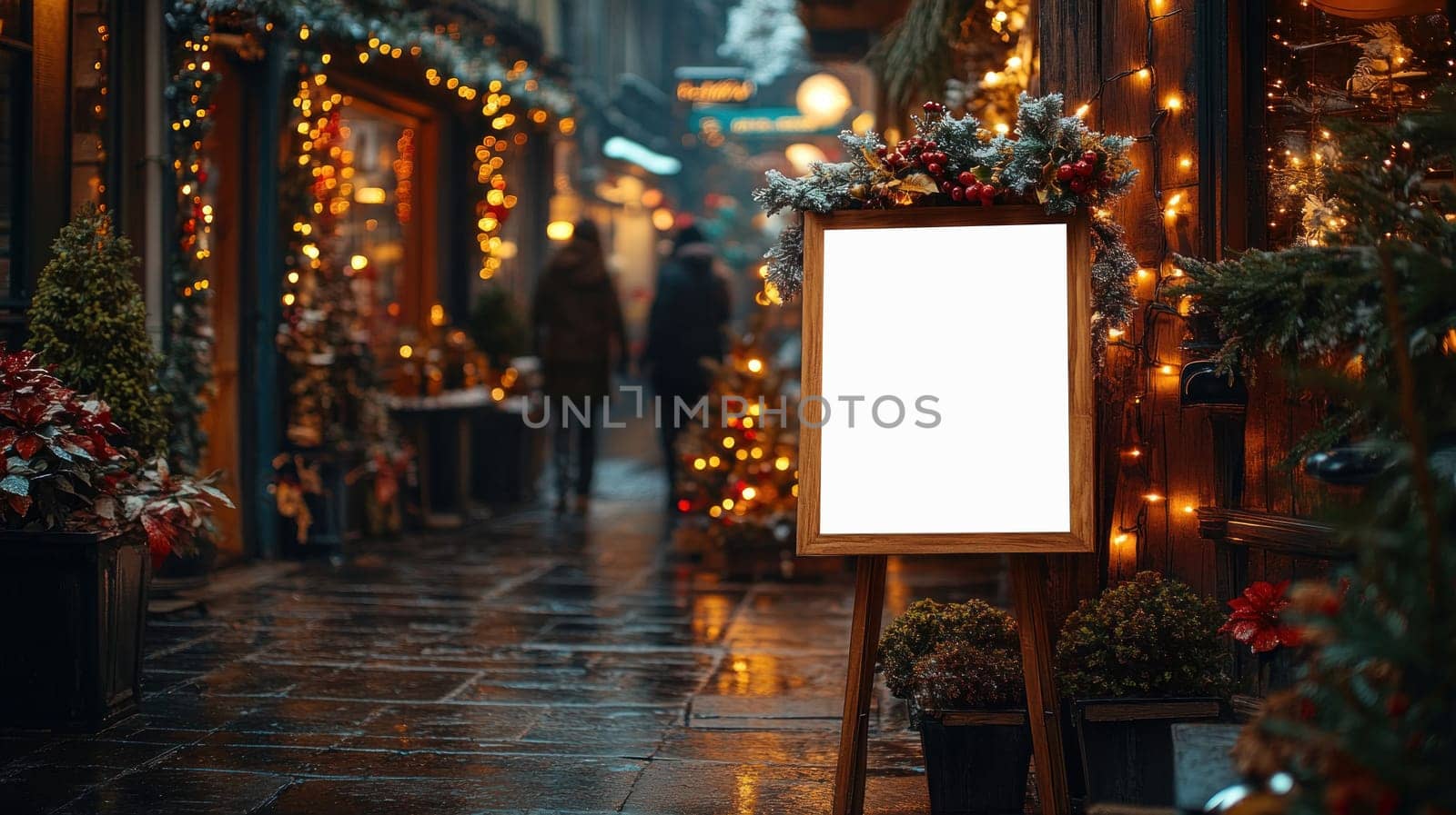 stylish blank menu board stands in festive Christmas shopping street, surrounded by twinkling lights and vibrant decorations, creating warm holiday atmosphere.
