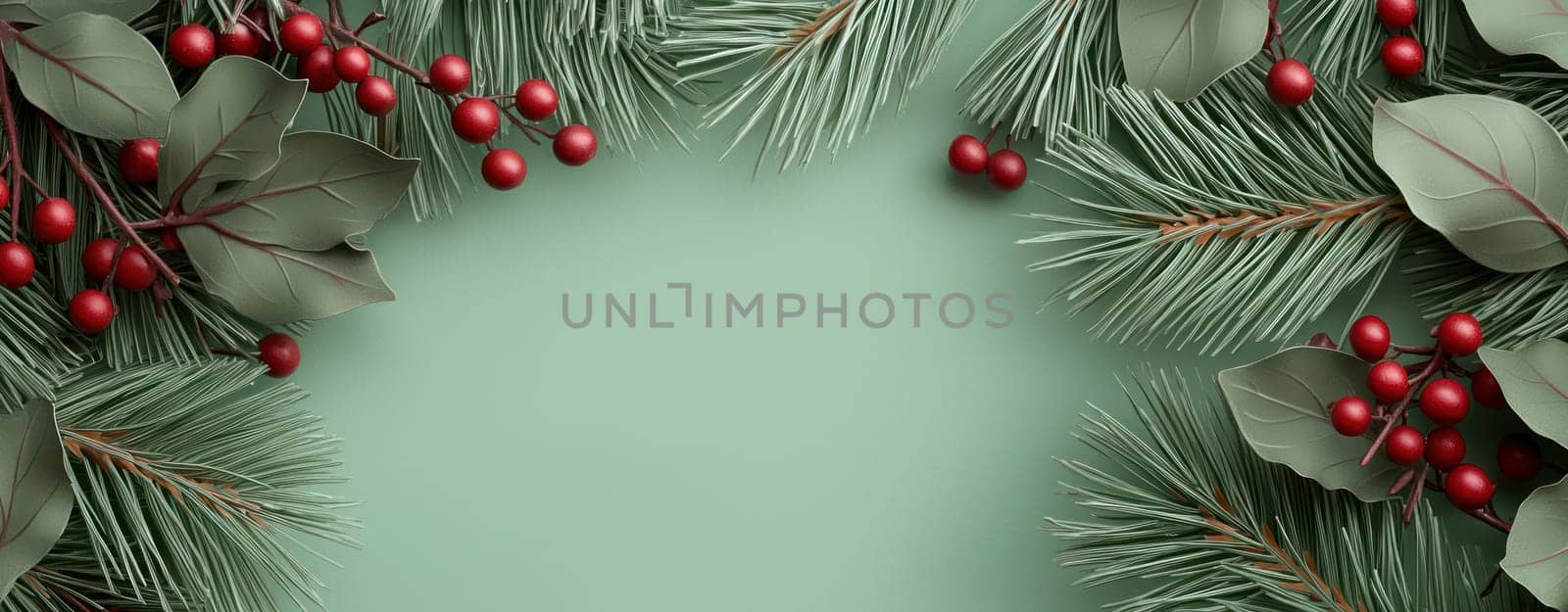 festive arrangement of pine branches and red berries on green background.