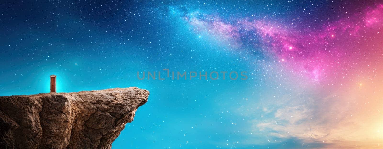 stunning doorway on cliff under vibrant cosmic sky.