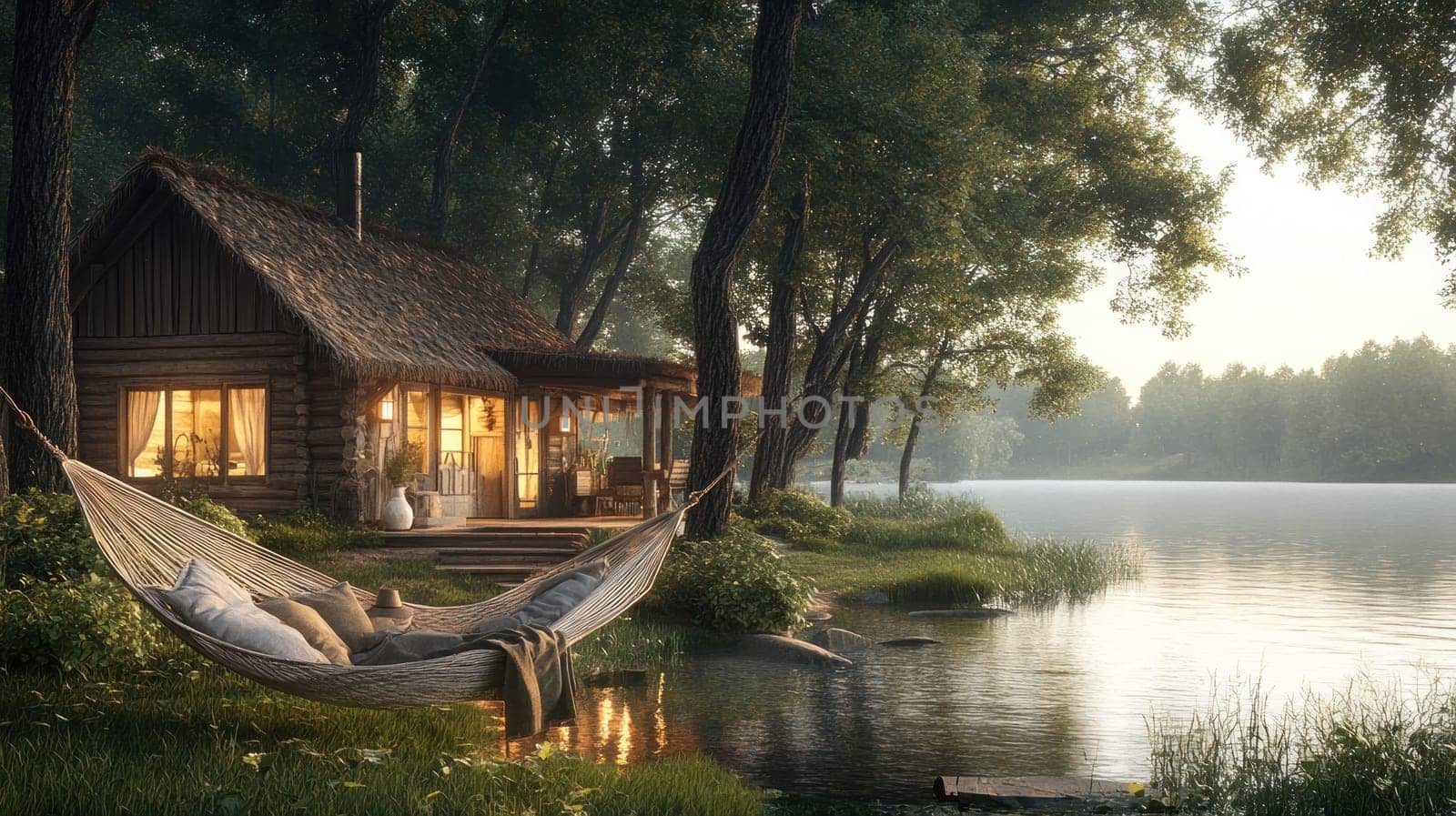 serene lakeside cabin surrounded by lush trees, featuring cozy hammock for relaxation. tranquil water reflects peaceful atmosphere, perfect for weekend getaway.
