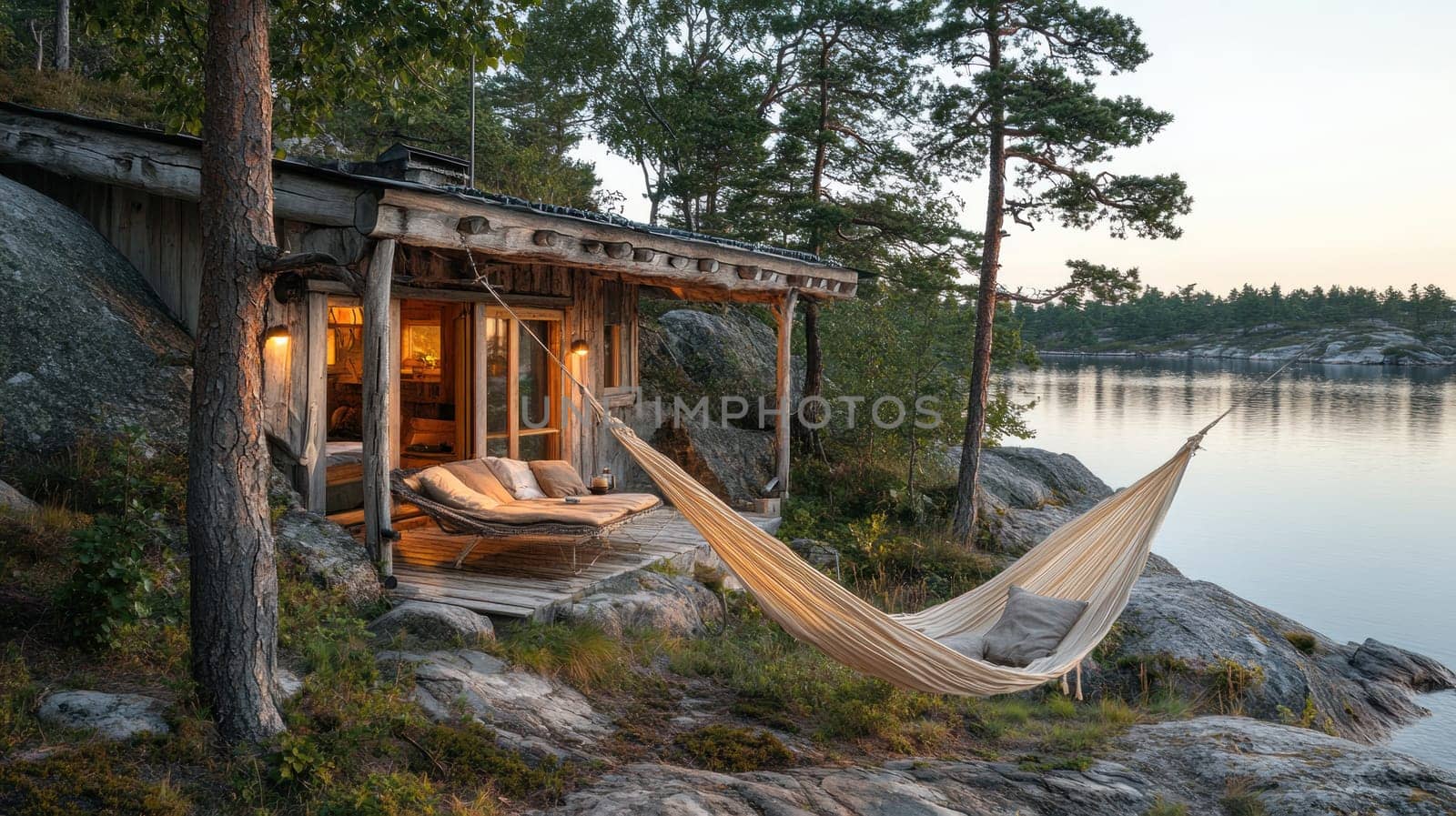 serene lakeside cabin with cozy hammock invites relaxation amidst nature. tranquil setting features wooden architecture, surrounded by trees and rocks, perfect for peaceful getaway.