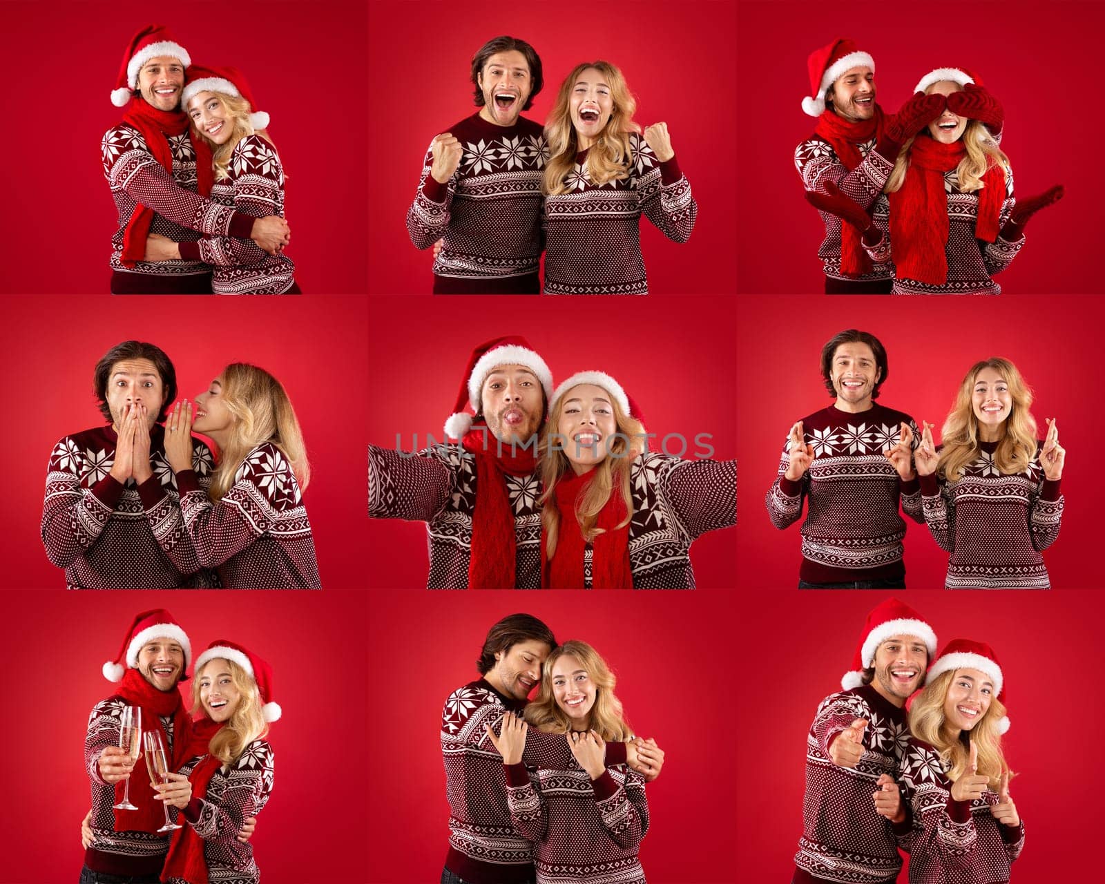 A cheerful couple wears matching sweaters and Santa hats while playfully posing against a vibrant red backdrop. Their expressions show joy as they share festive moments during the holiday season.